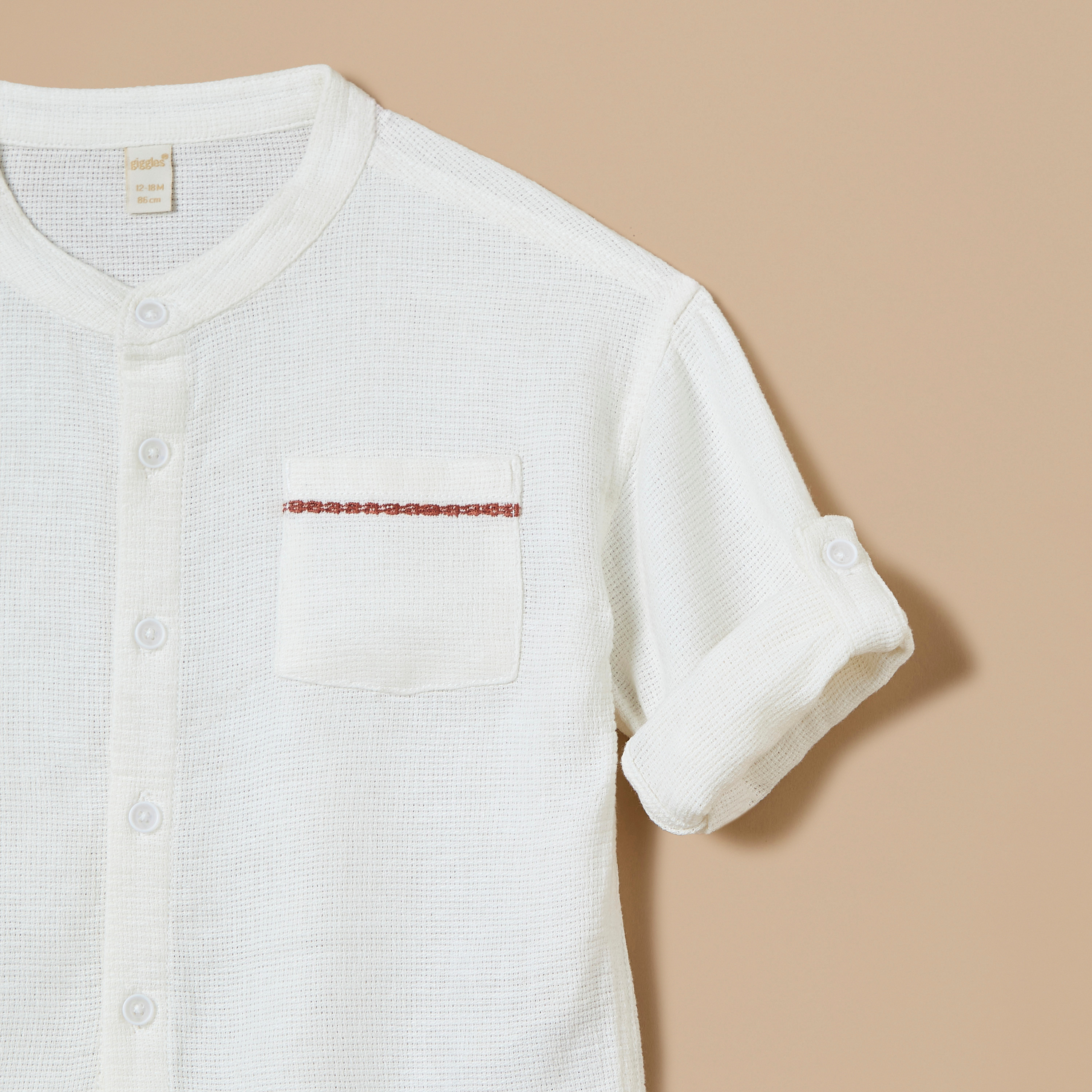 Giggles Embroidered Mandarin Collar Shirt with Button Closure and Front Pocket-baby-boys-clothing-shirts-image-3