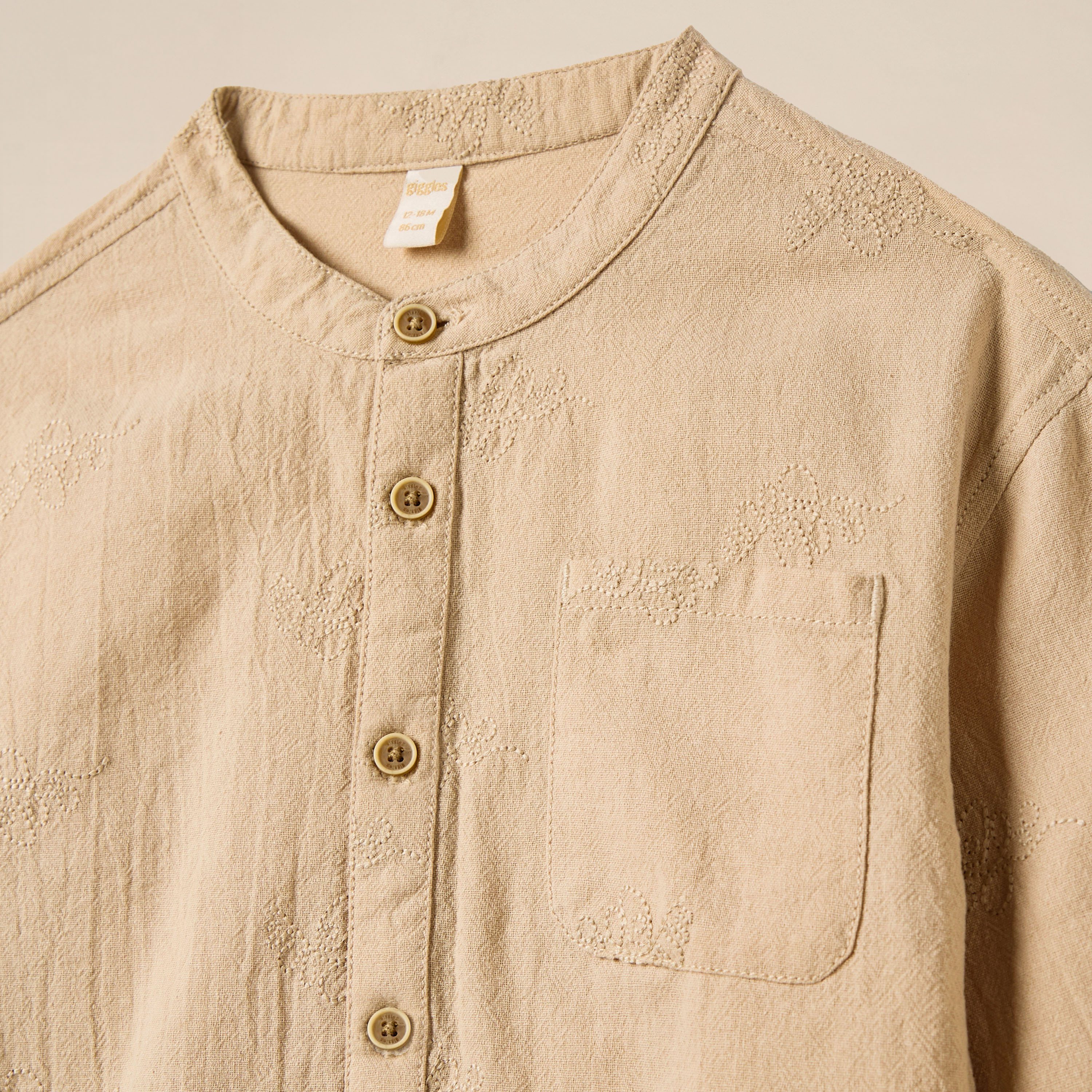 Giggles Embroidered Shirt with Mandarin Collar and Long Sleeves-baby-boys-clothing-shirts-image-3