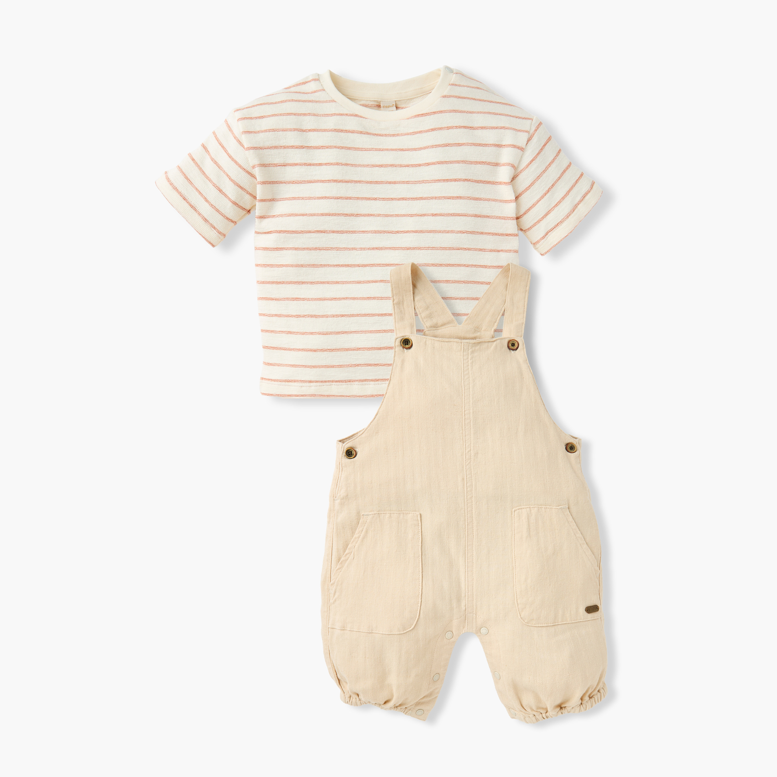 Giggles Solid Dungaree and Striped T-shirt Set-baby-boys-clothing-setsandcoords-image-1