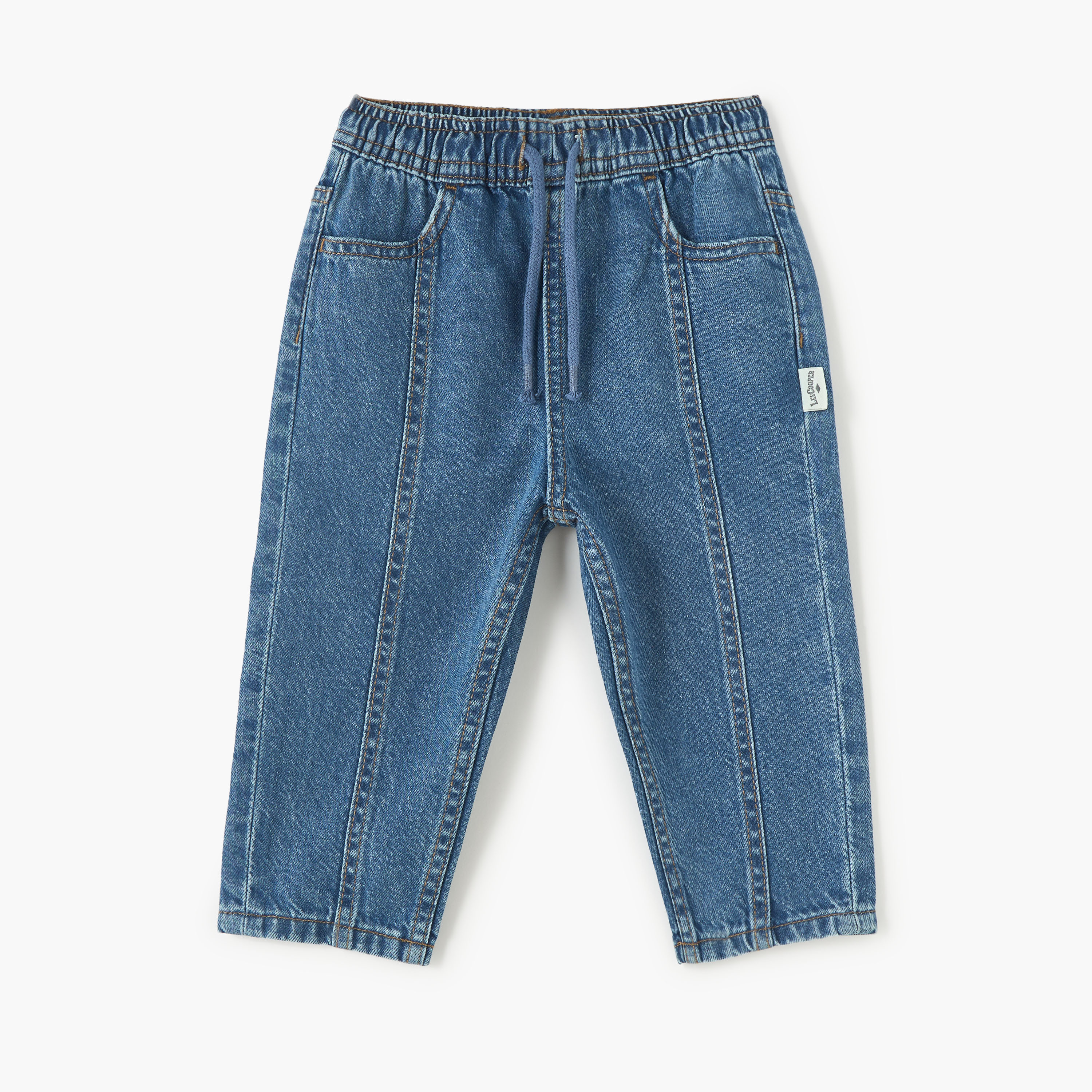 بنطلون جينز سادة بخصر مطاطي ورباط إغلاق وجيوب من لي كوبر-baby-boys-clothing-bottoms-jeans-image-1