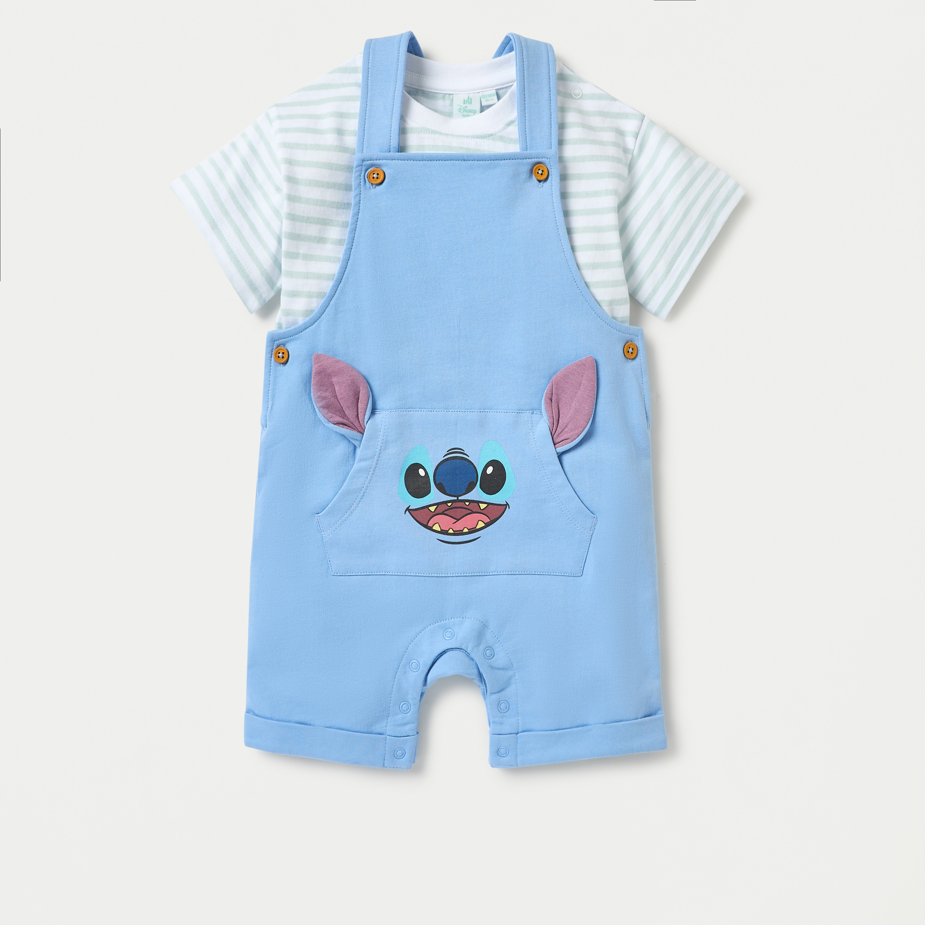 Disney Stitch Print Dungaree and Striped T-shirt Set-baby-boys-clothing-setsandcoords-image-1