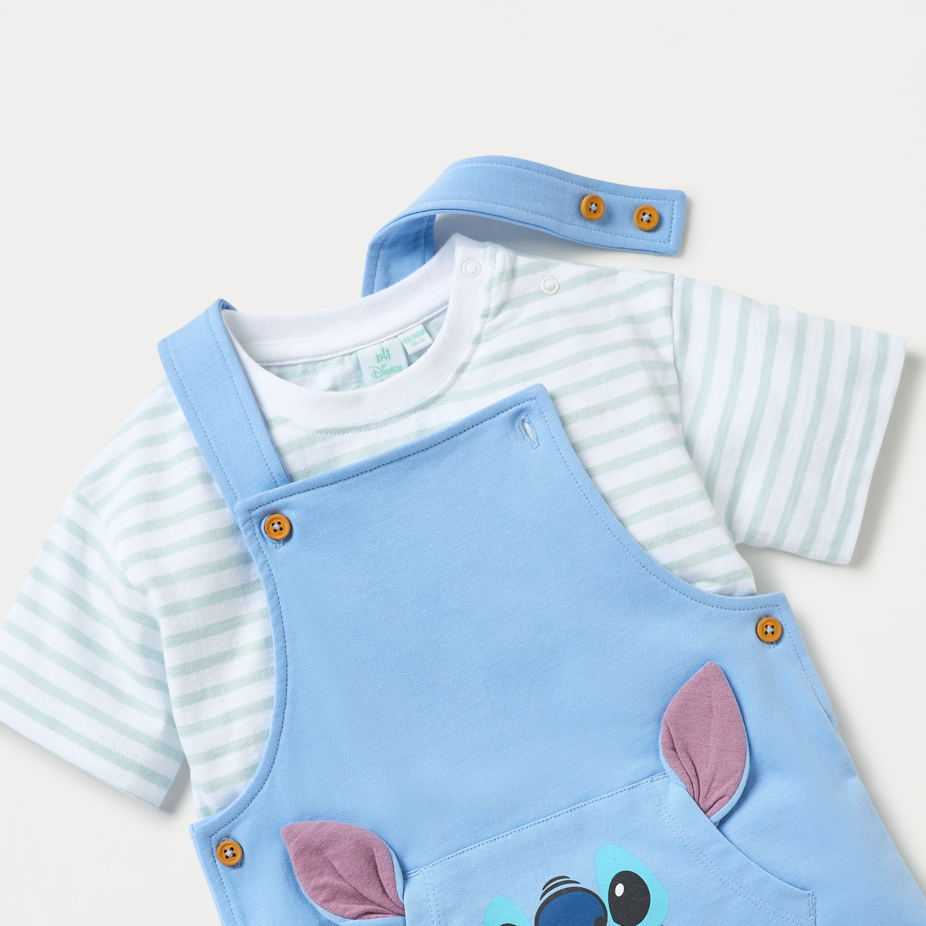 Disney Stitch Print Dungaree and Striped T-shirt Set-baby-boys-clothing-setsandcoords-image-4