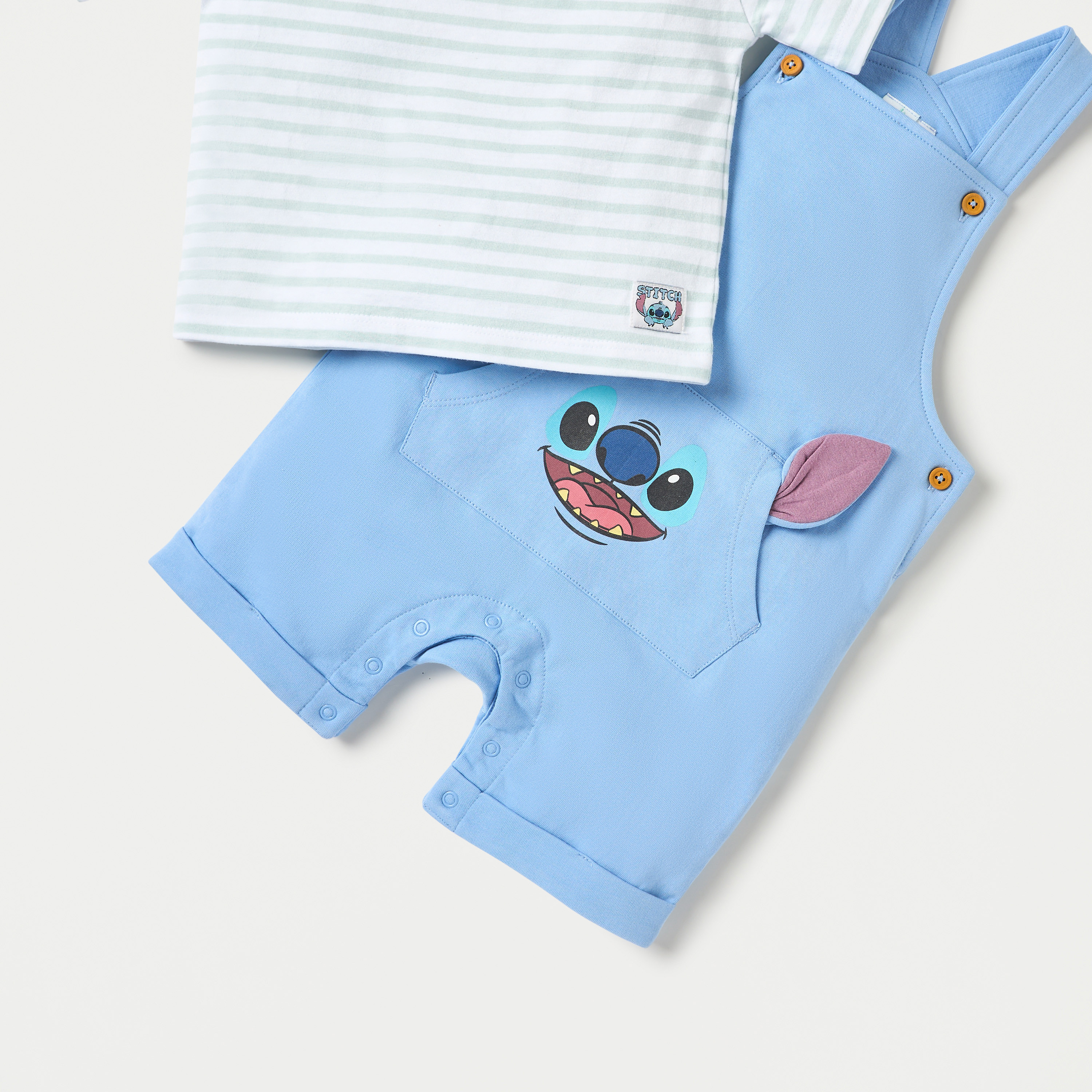 Disney Stitch Print Dungaree and Striped T-shirt Set-baby-boys-clothing-setsandcoords-image-5