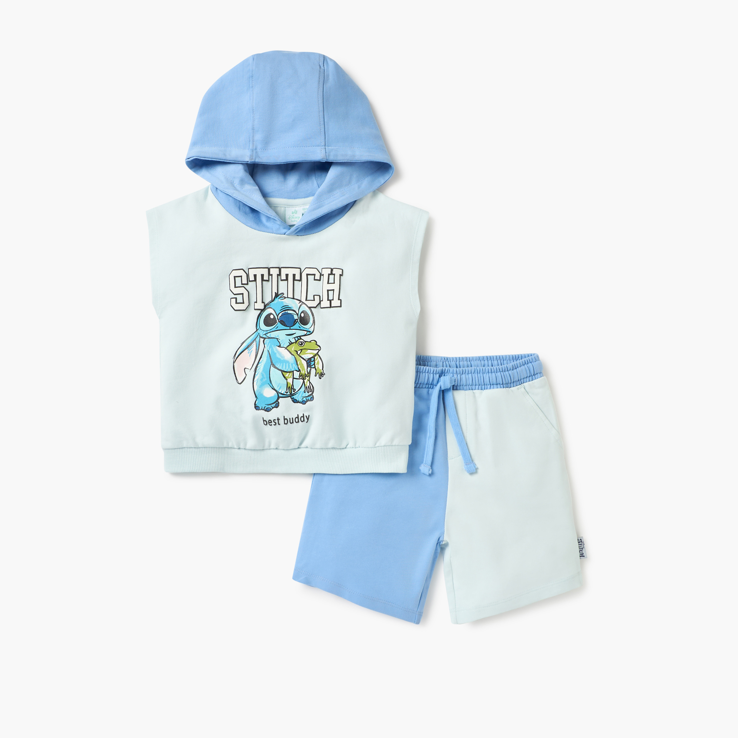 Disney Stitch Print Hooded Sleeveless T-shirt and Shorts Set-baby-boys-clothing-setsandcoords-image-1