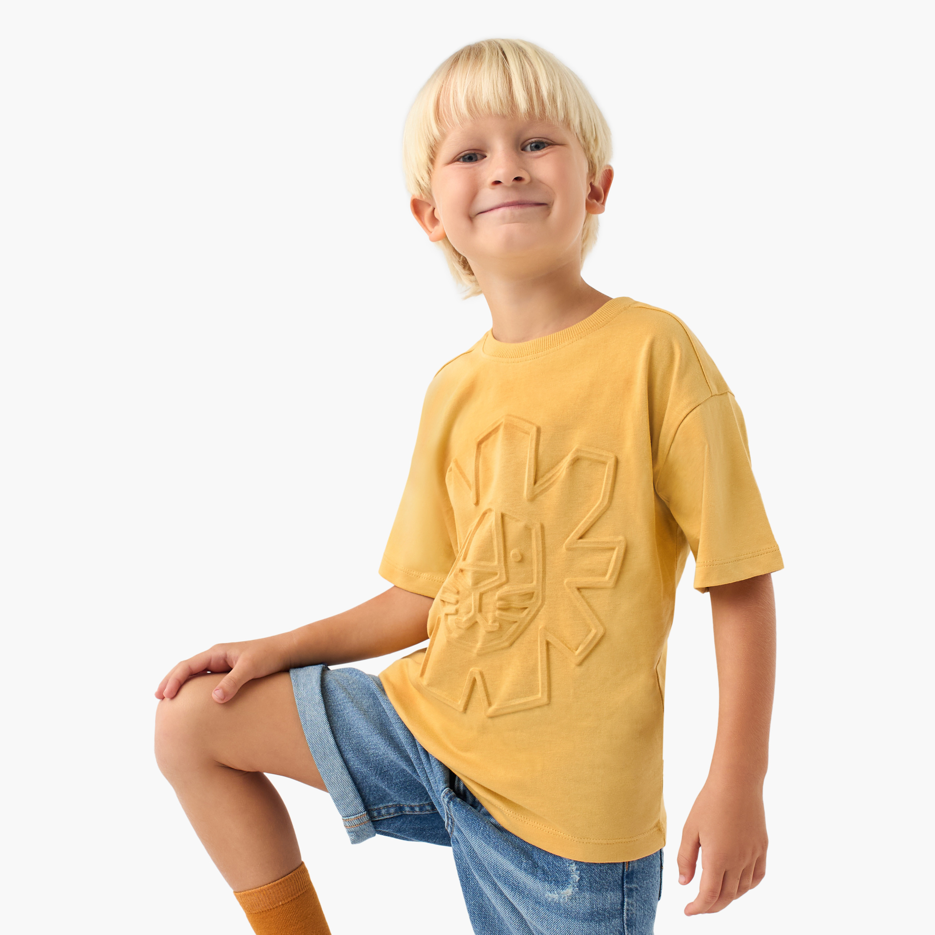 Juniors Lion Embossed T-shirt with Crew Neck and Short Sleeves-boys-clothing-tshirtsandpolos-image-1
