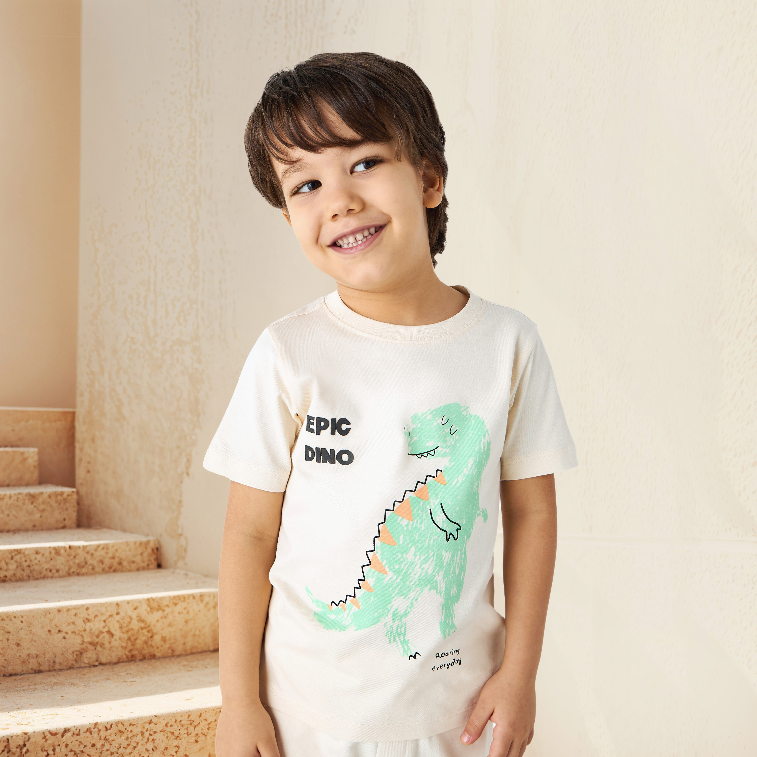 Juniors Dino Print Crew Neck T-shirt with Short Sleeves-boys-clothing-tshirtsandpolos-image-1