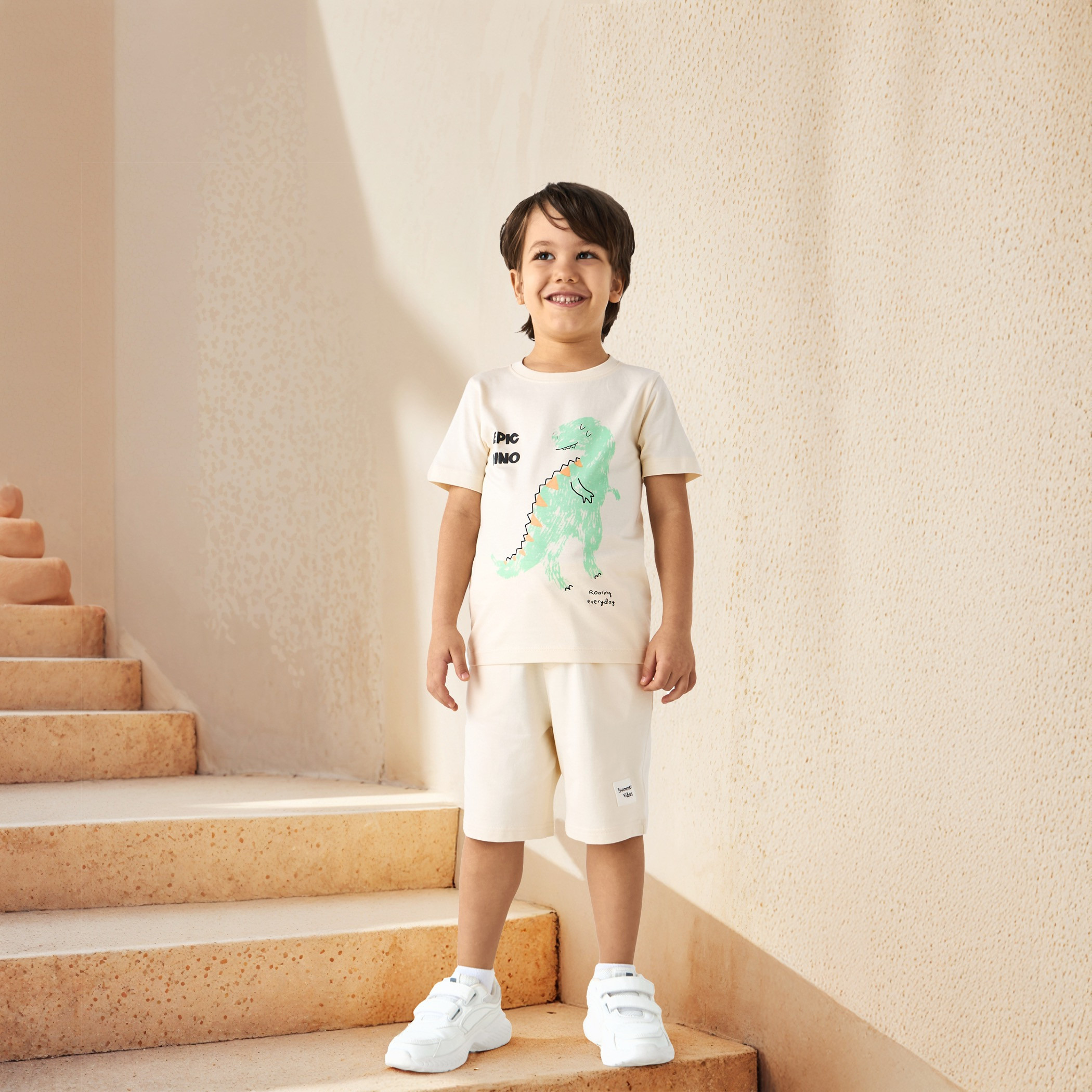 Juniors Dino Print Crew Neck T-shirt with Short Sleeves-boys-clothing-tshirtsandpolos-image-2