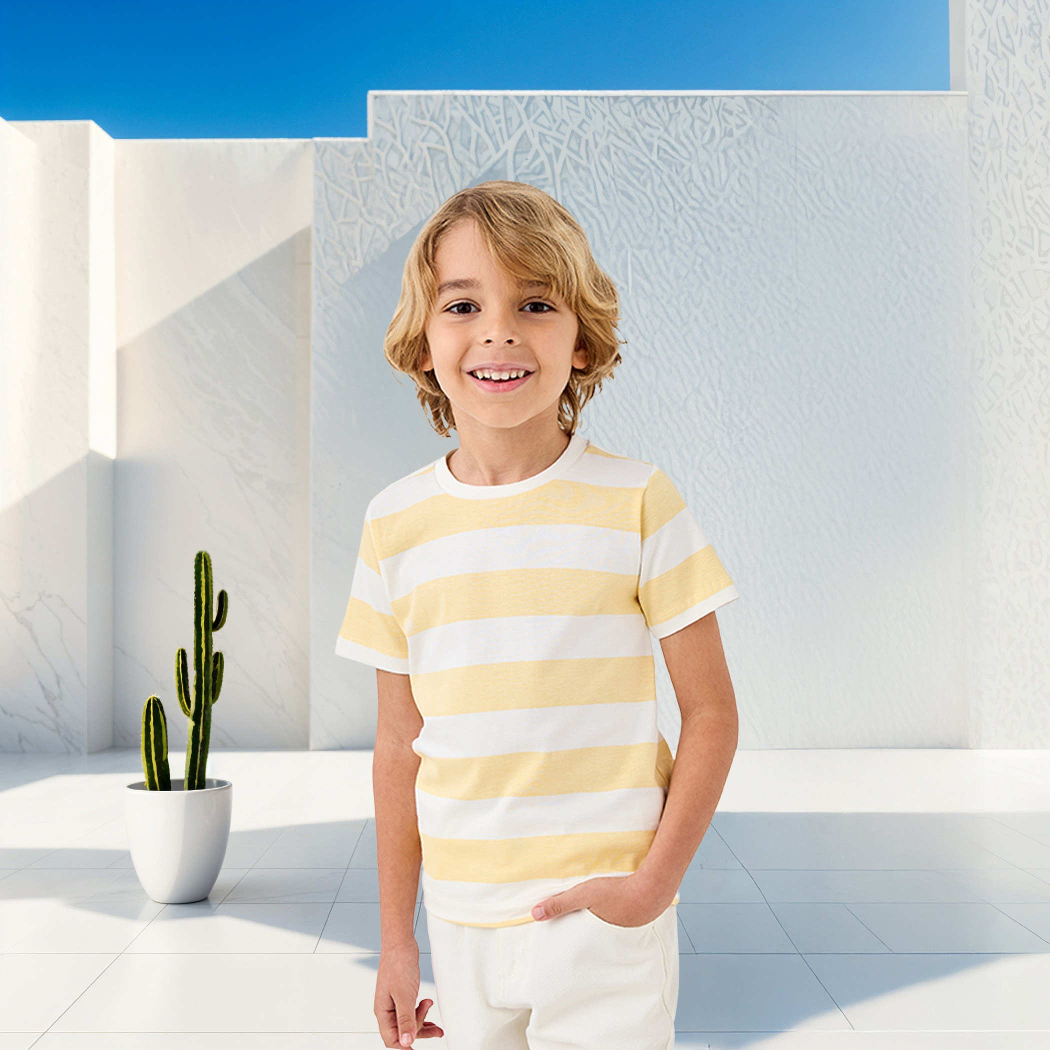 تيشيرت مخطط بياقة ضيقة وأكمام قصيرة من جونيورز-boys-clothing-tshirtsandpolos-image-1