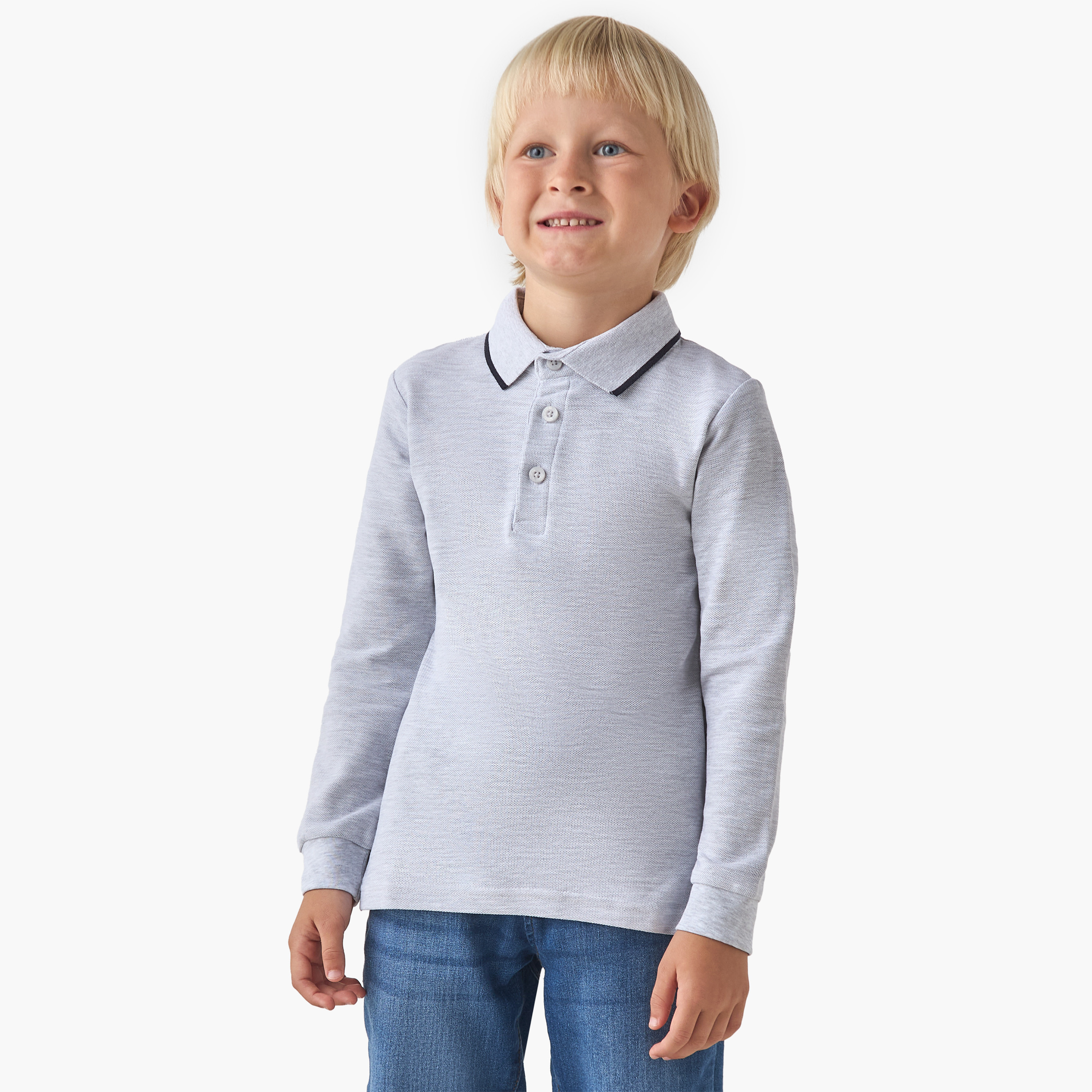 Juniors Collared Long Sleeves Polo T-shirt with Textured Design-boys-clothing-tshirtsandpolos-image-1