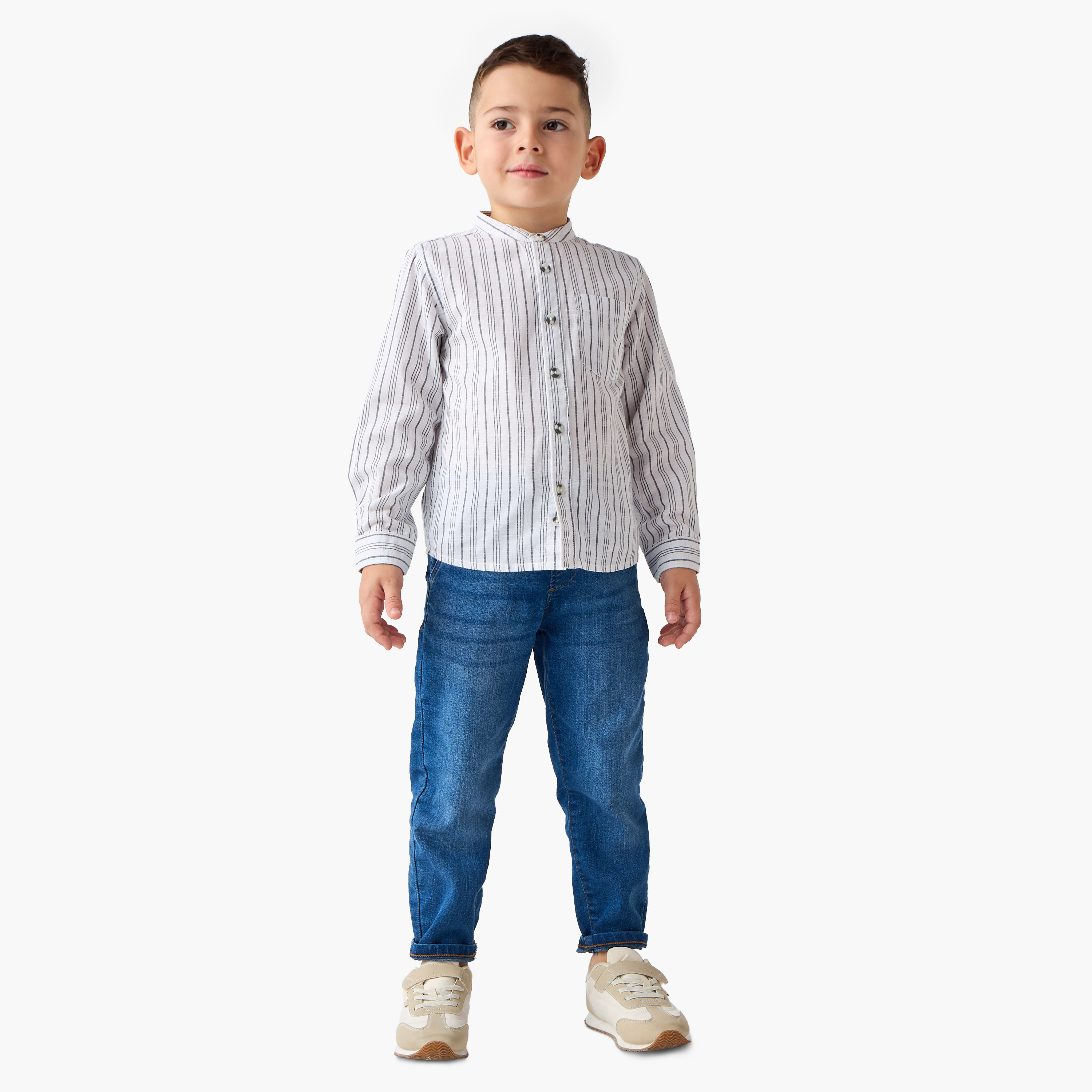 قميص مخطط بياقة ماندارين وأكمام طويلة من جونيورز-boys-clothing-shirts-image-3