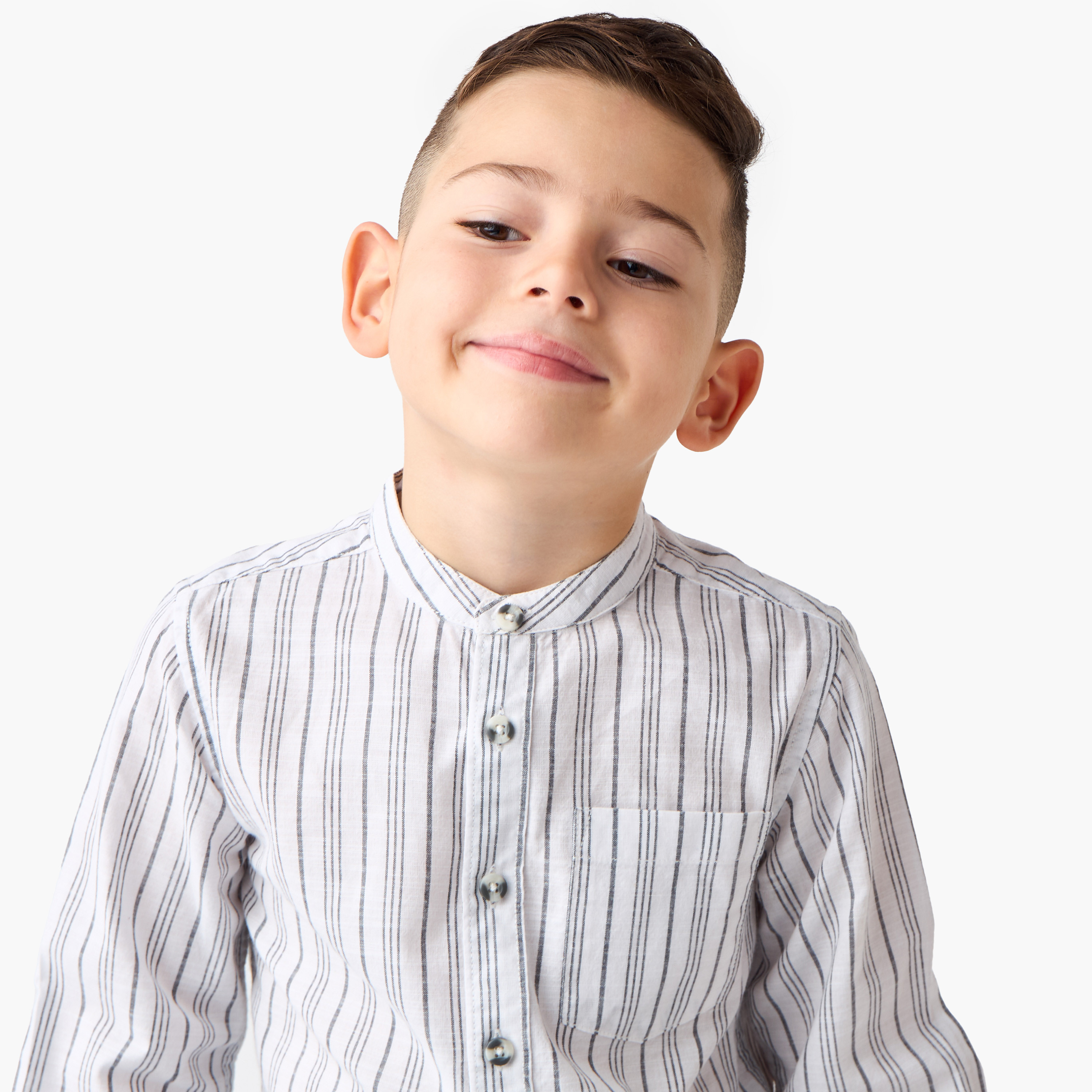 قميص مخطط بياقة ماندارين وأكمام طويلة من جونيورز-boys-clothing-shirts-image-1