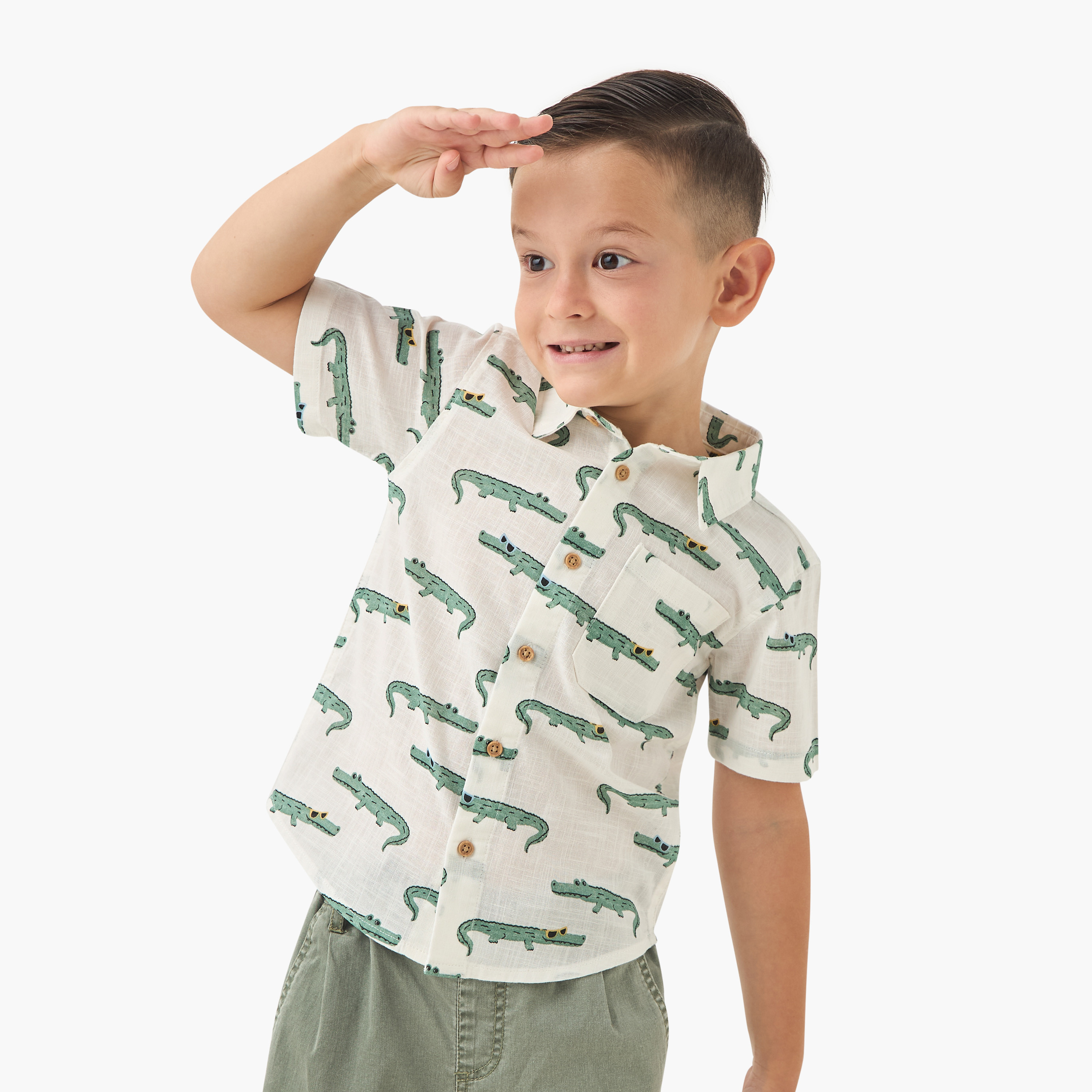 Juniors Crocodile Print Shirt with Short Sleeves-boys-clothing-shirts-image-1