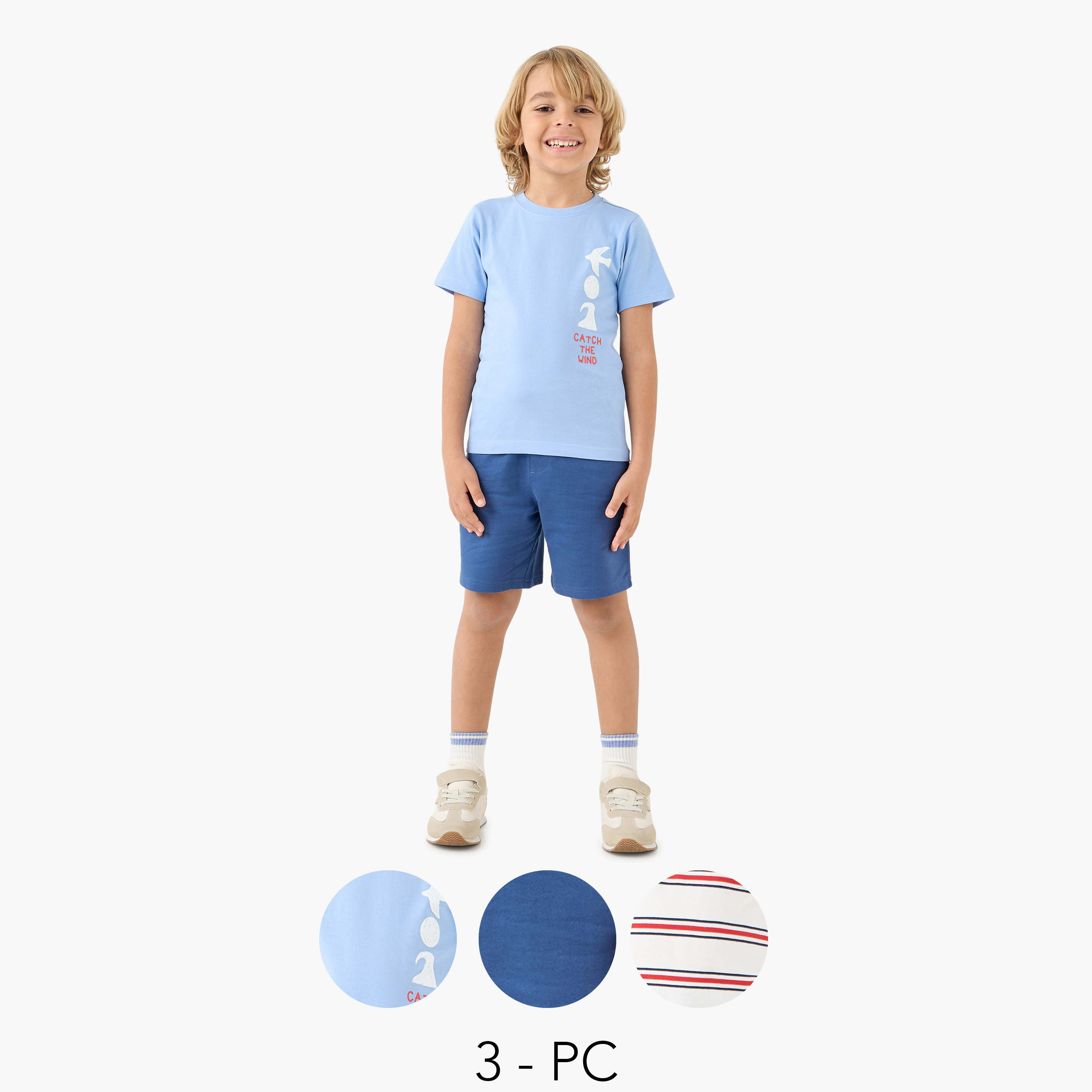طقم تيشيرت بياقة ضيقة وشورت بطبعات 3 قطع من جونيورز-boys-clothing-setsandcoords-image-1