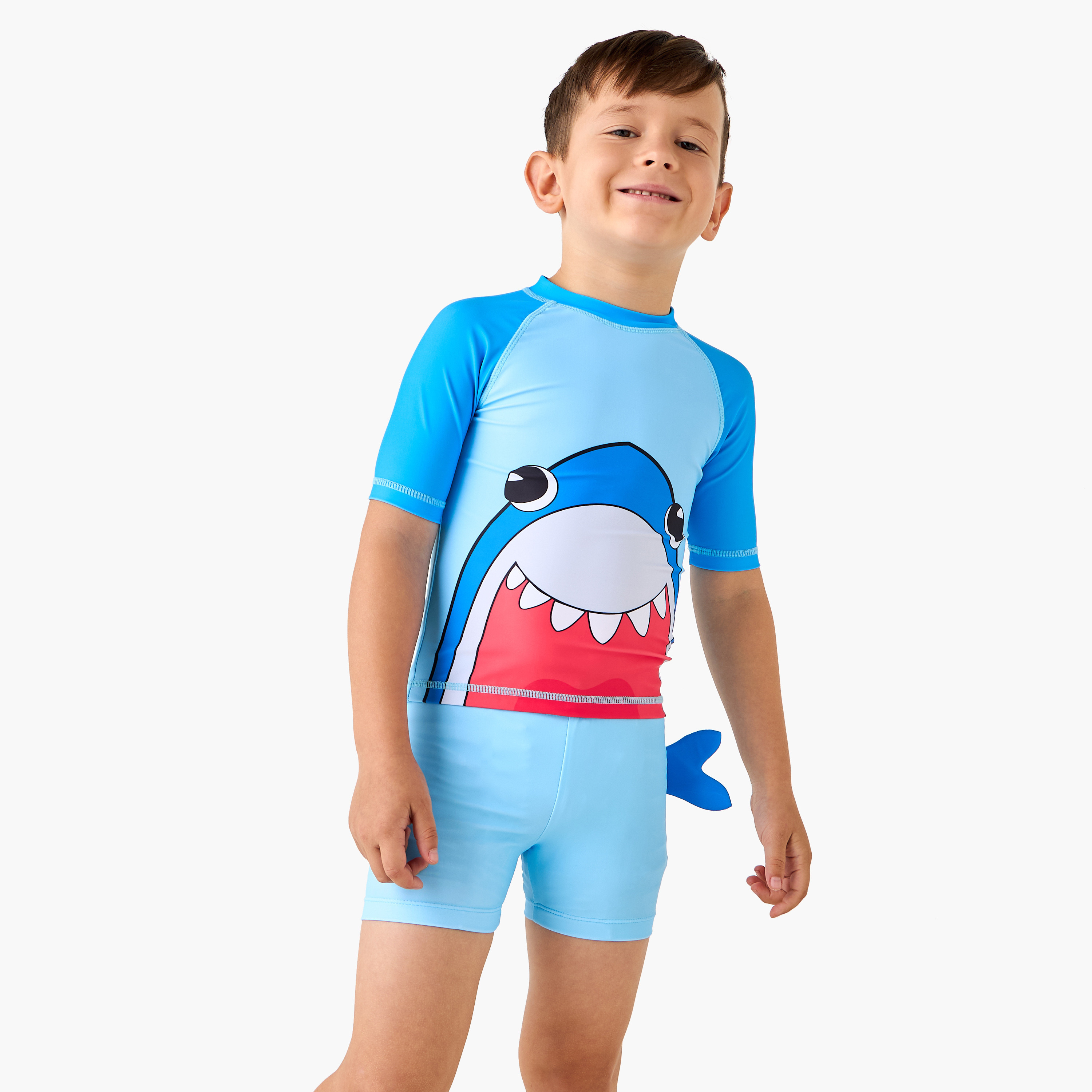 Juniors Shark Detail Swim T-shirt and Shorts Set-baby-boys-clothing-swimwear-image-1
