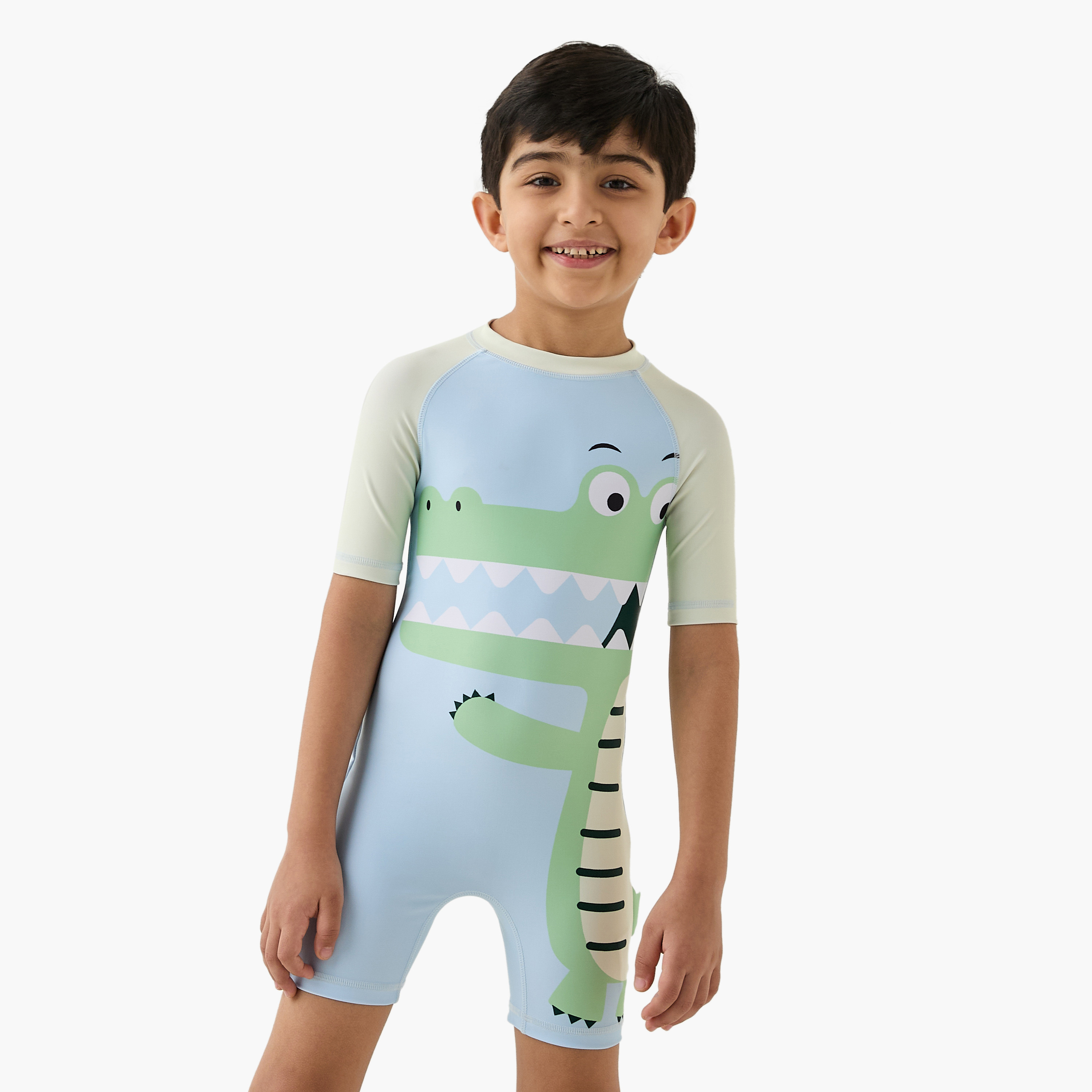 Juniors Crocodile Print Swimsuit with Short Sleeves-sports-boys-clothing-swimwear-image-1