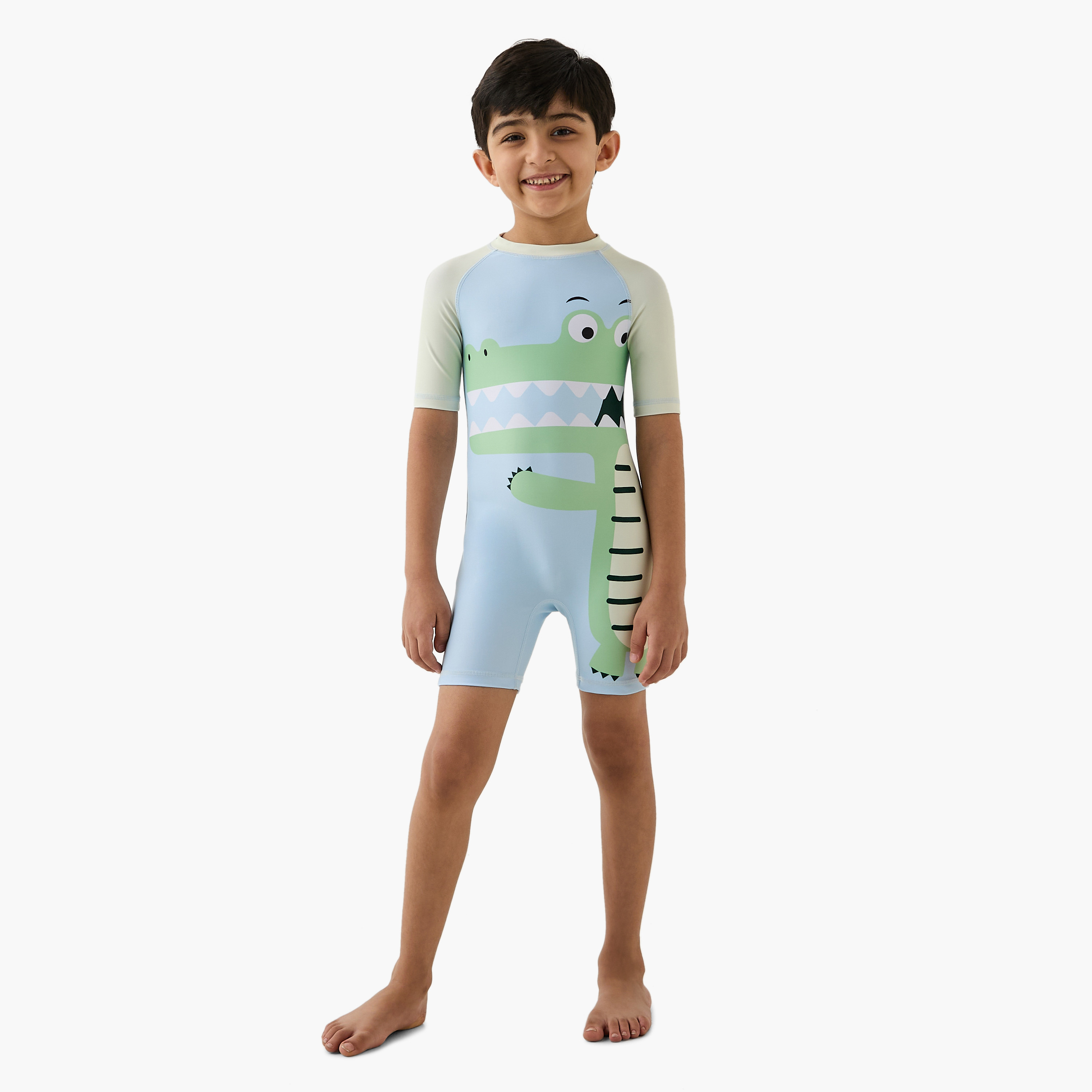 Juniors Crocodile Print Swimsuit with Short Sleeves-sports-boys-clothing-swimwear-image-2