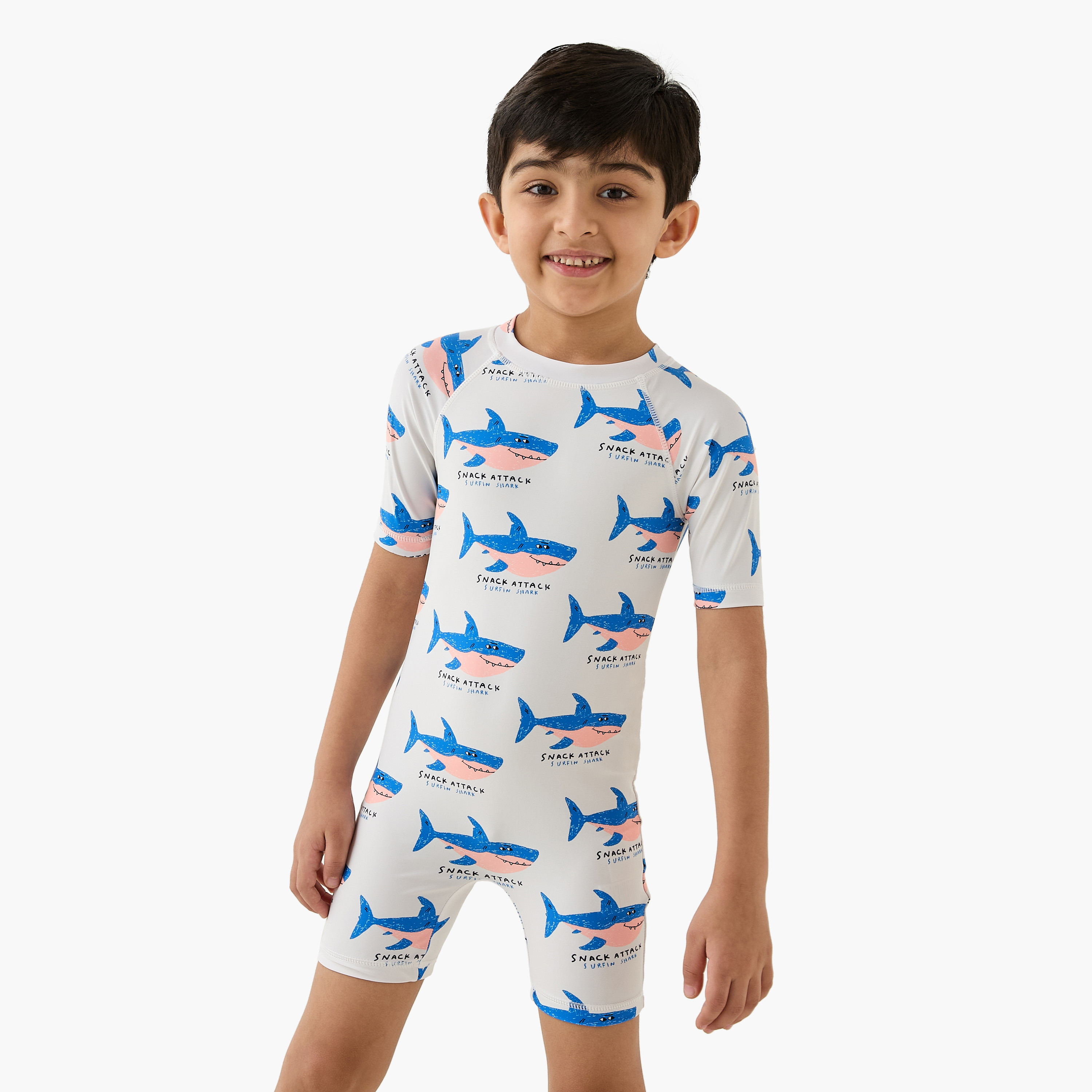 Juniors Shark Print Swimsuit with Short Sleeves-sports-boys-clothing-swimwear-image-1