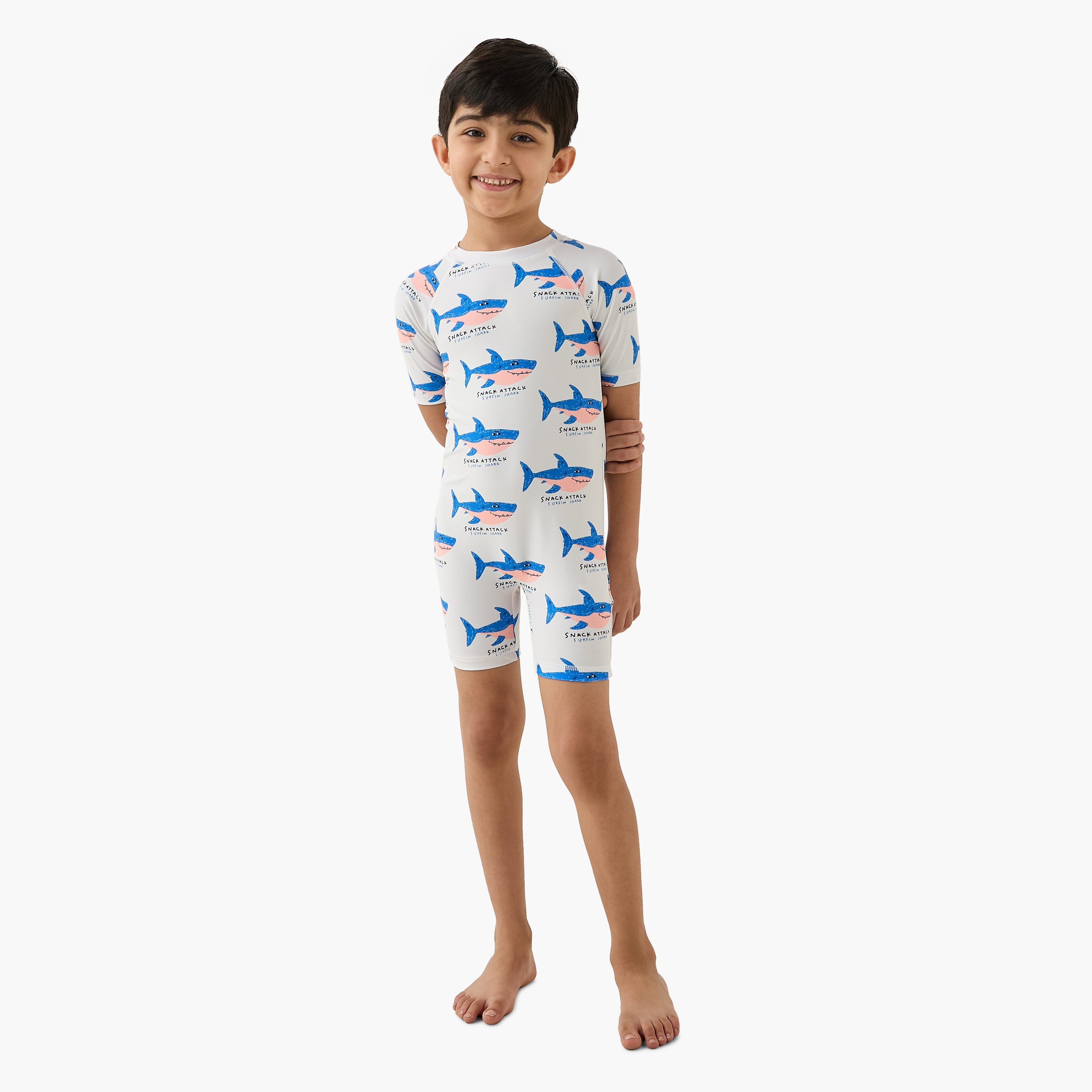 Juniors Shark Print Swimsuit with Short Sleeves-sports-boys-clothing-swimwear-image-2