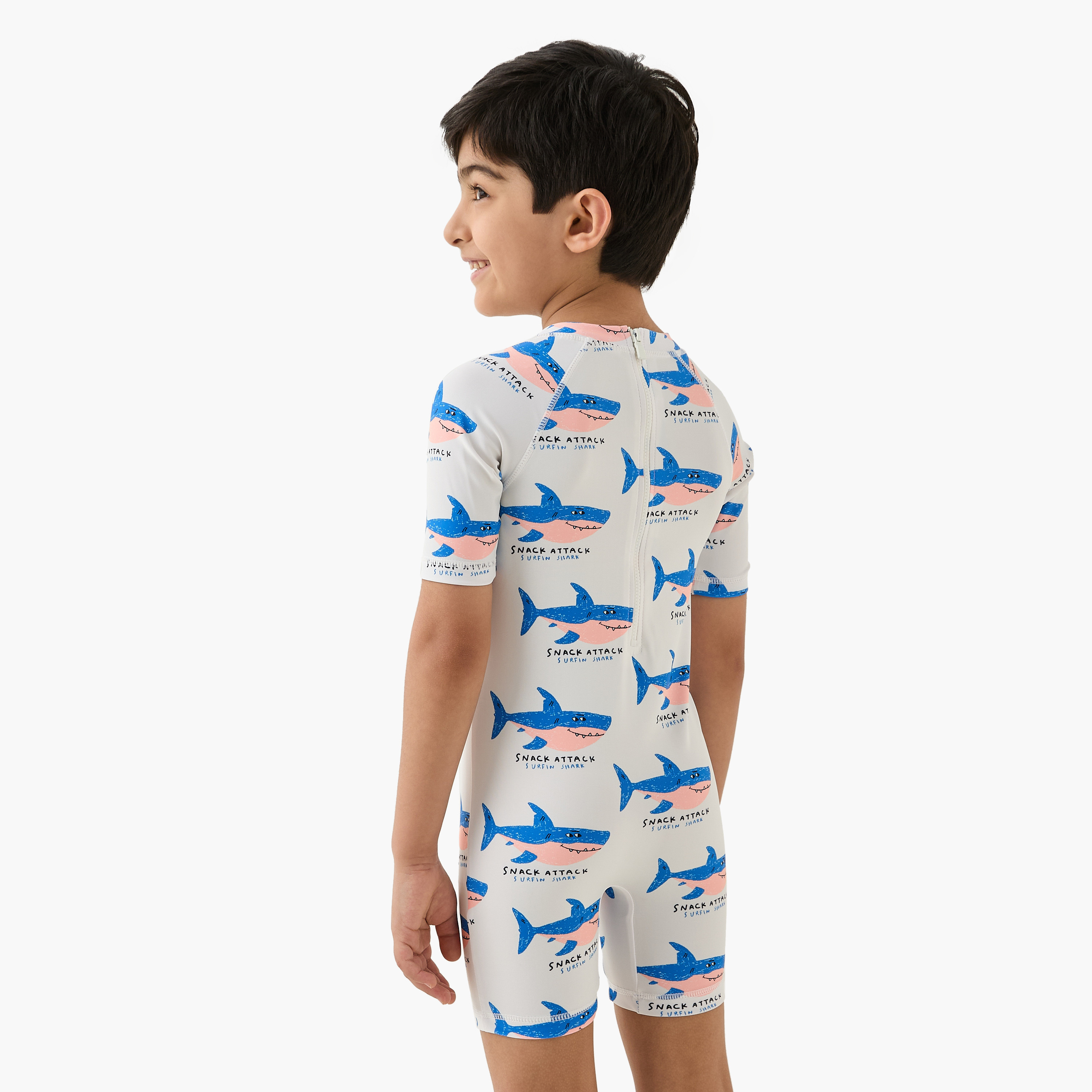 Juniors Shark Print Swimsuit with Short Sleeves-sports-boys-clothing-swimwear-image-3