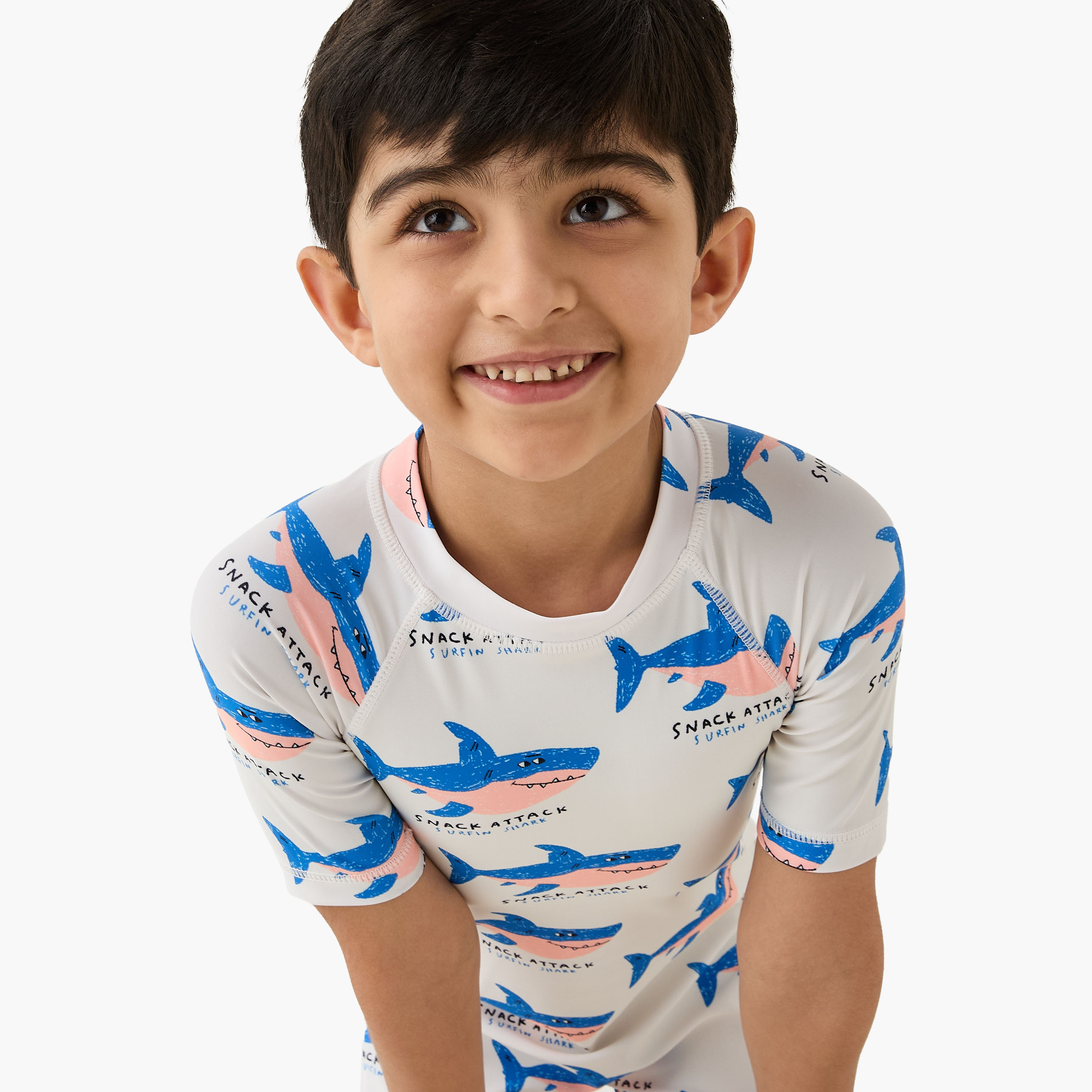Juniors Shark Print Swimsuit with Short Sleeves-sports-boys-clothing-swimwear-image-4