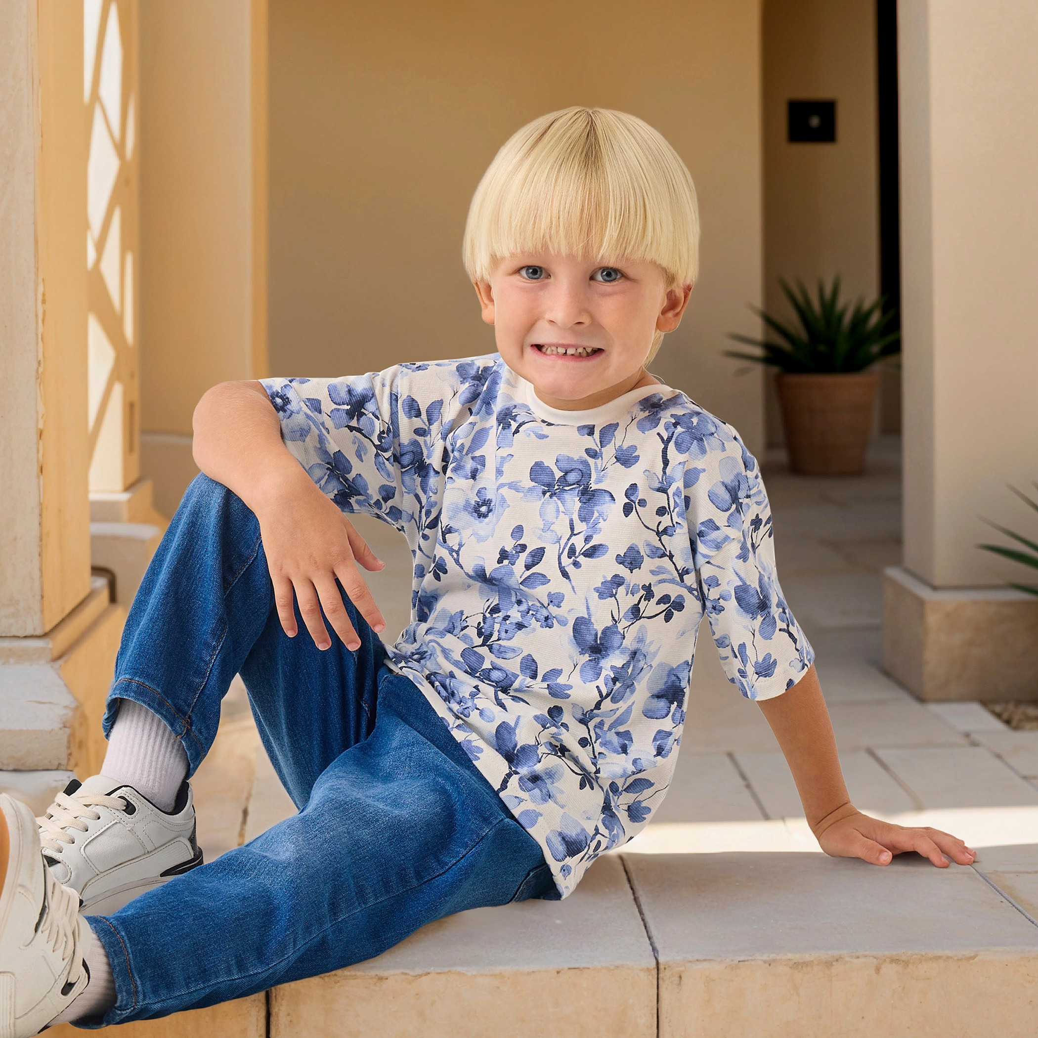 Juniors Floral Print Crew Neck T-shirt with Short Sleeves-boys-clothing-tshirtsandpolos-image-1