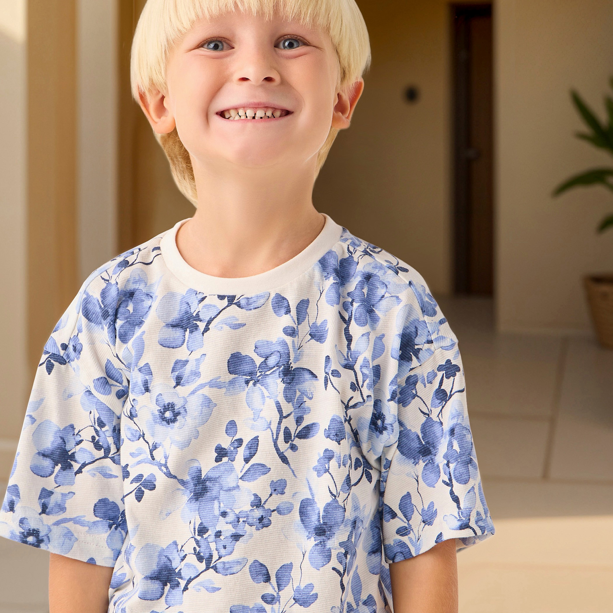 Juniors Floral Print Crew Neck T-shirt with Short Sleeves-boys-clothing-tshirtsandpolos-image-4