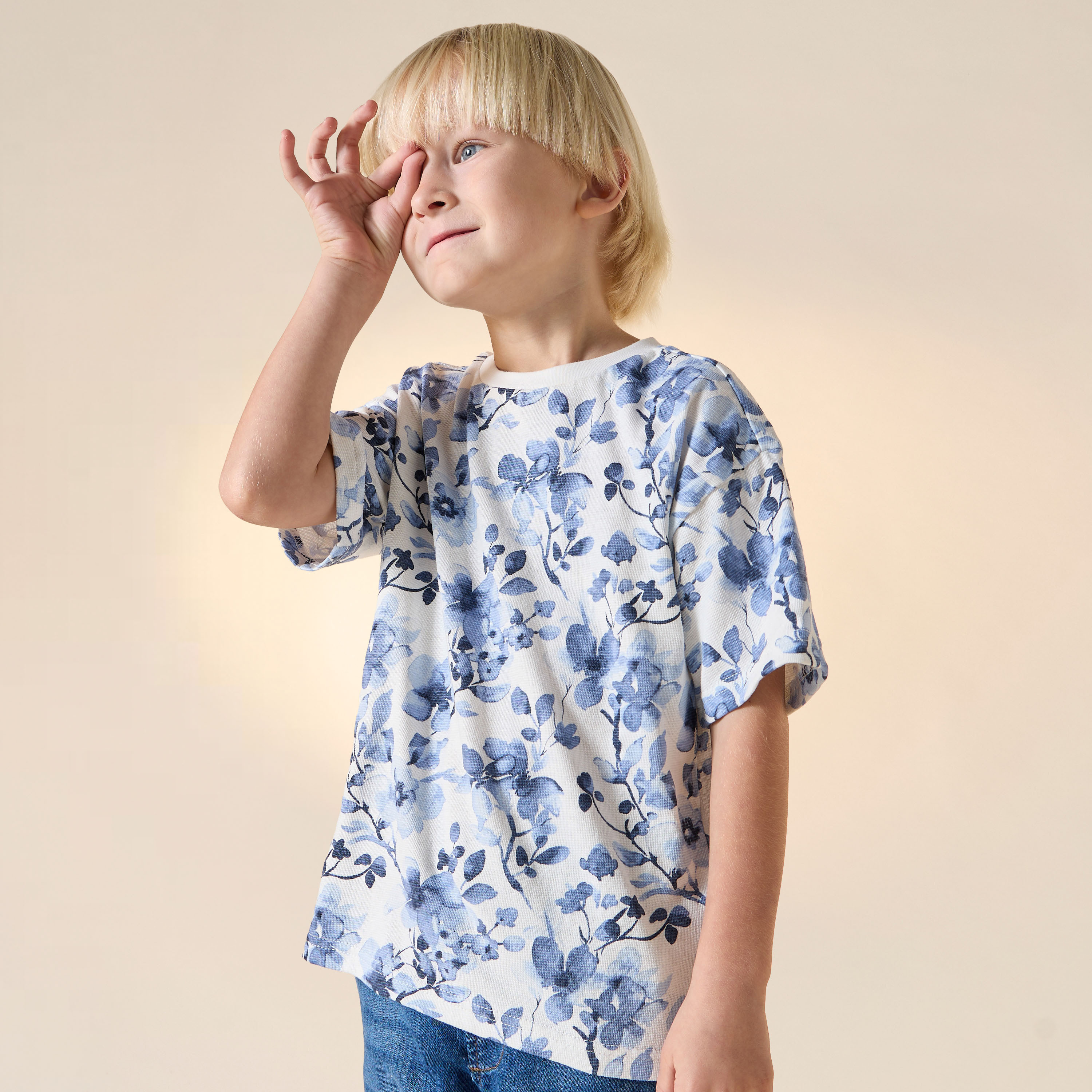 Juniors Floral Print Crew Neck T-shirt with Short Sleeves-boys-clothing-tshirtsandpolos-image-6