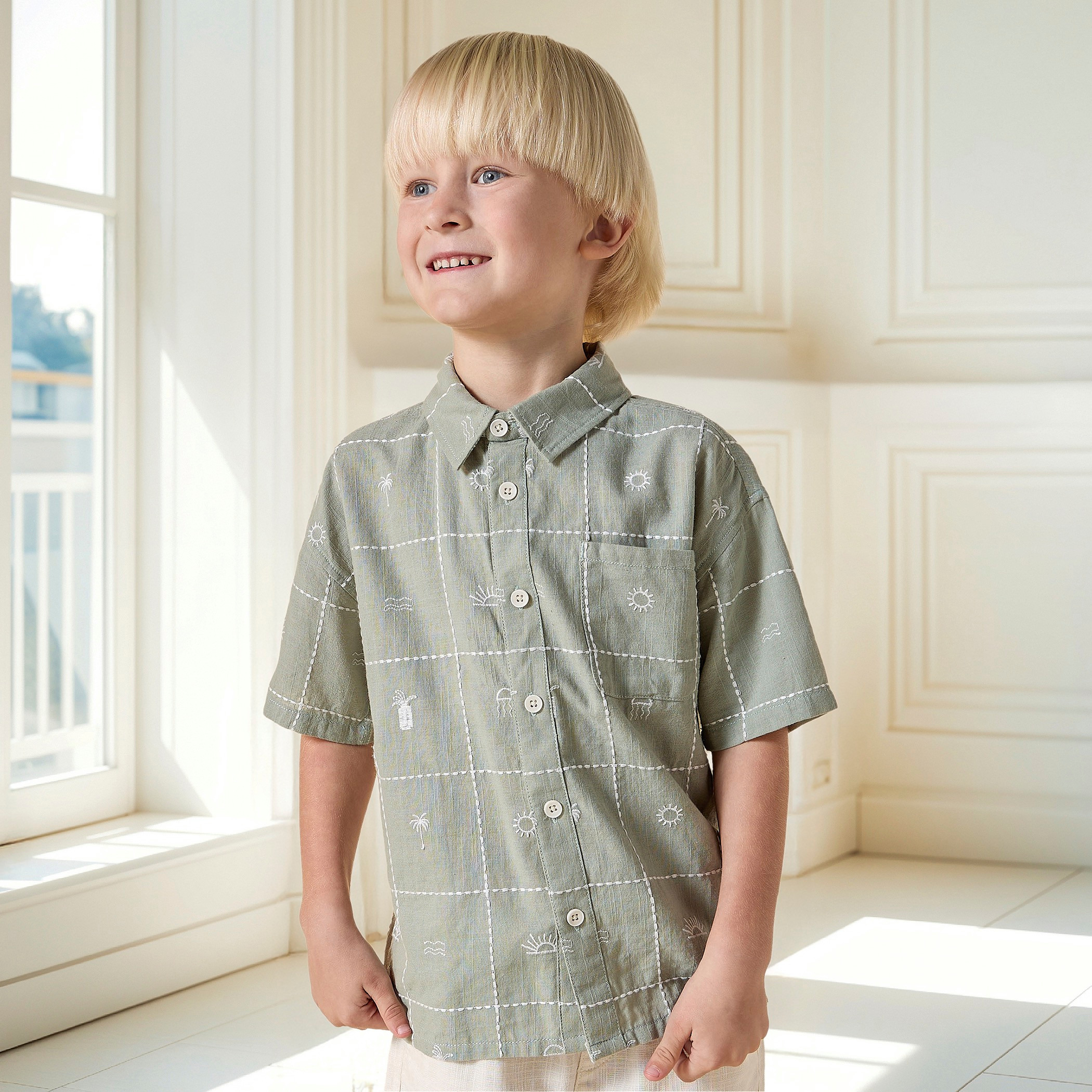 Juniors Embroidered Short Sleeve Shirt with Chest Pocket-boys-clothing-shirts-image-1