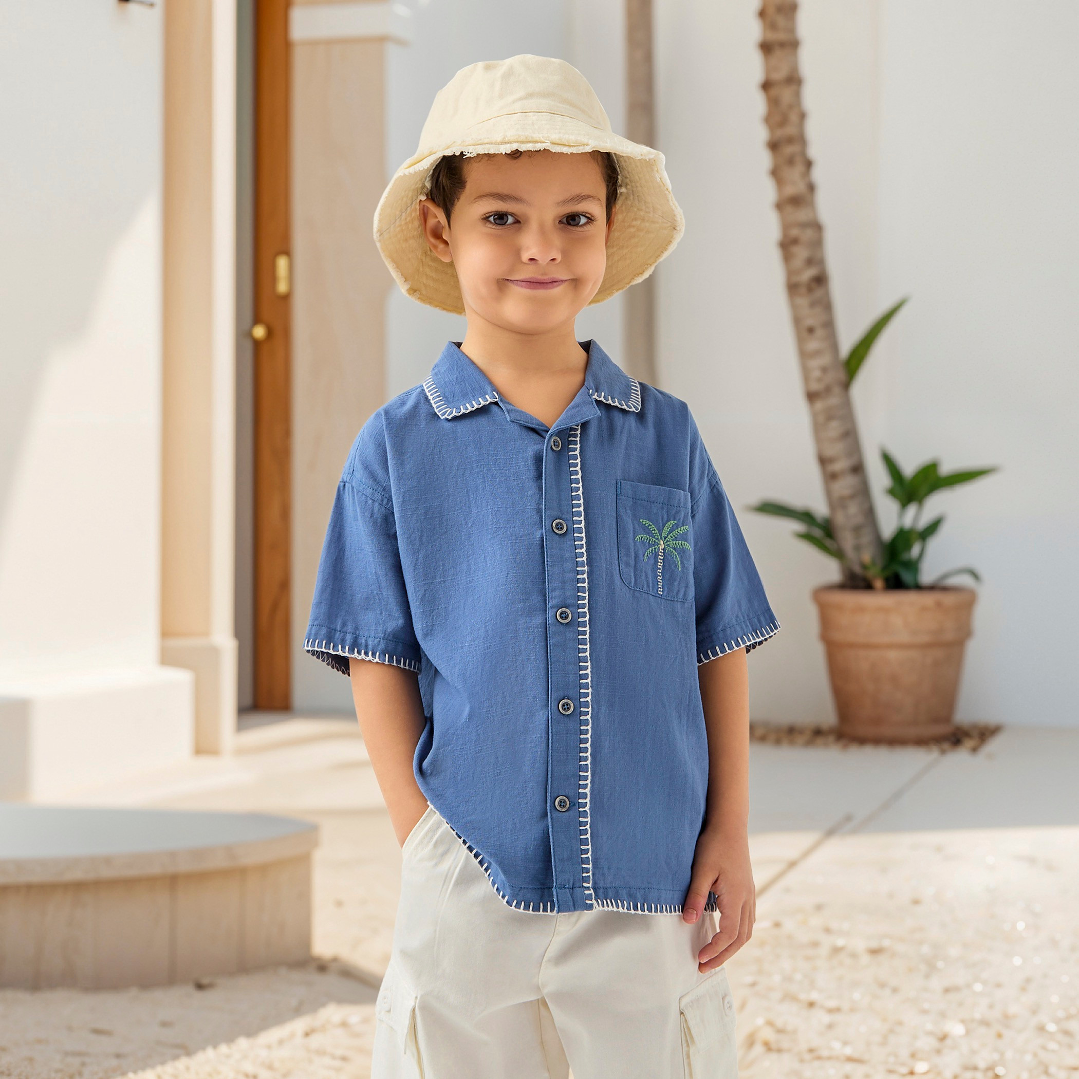 Juniors Embroidered Shirt with Camp Collar with Short Sleeves-baby-boys-clothing-shirts-image-1