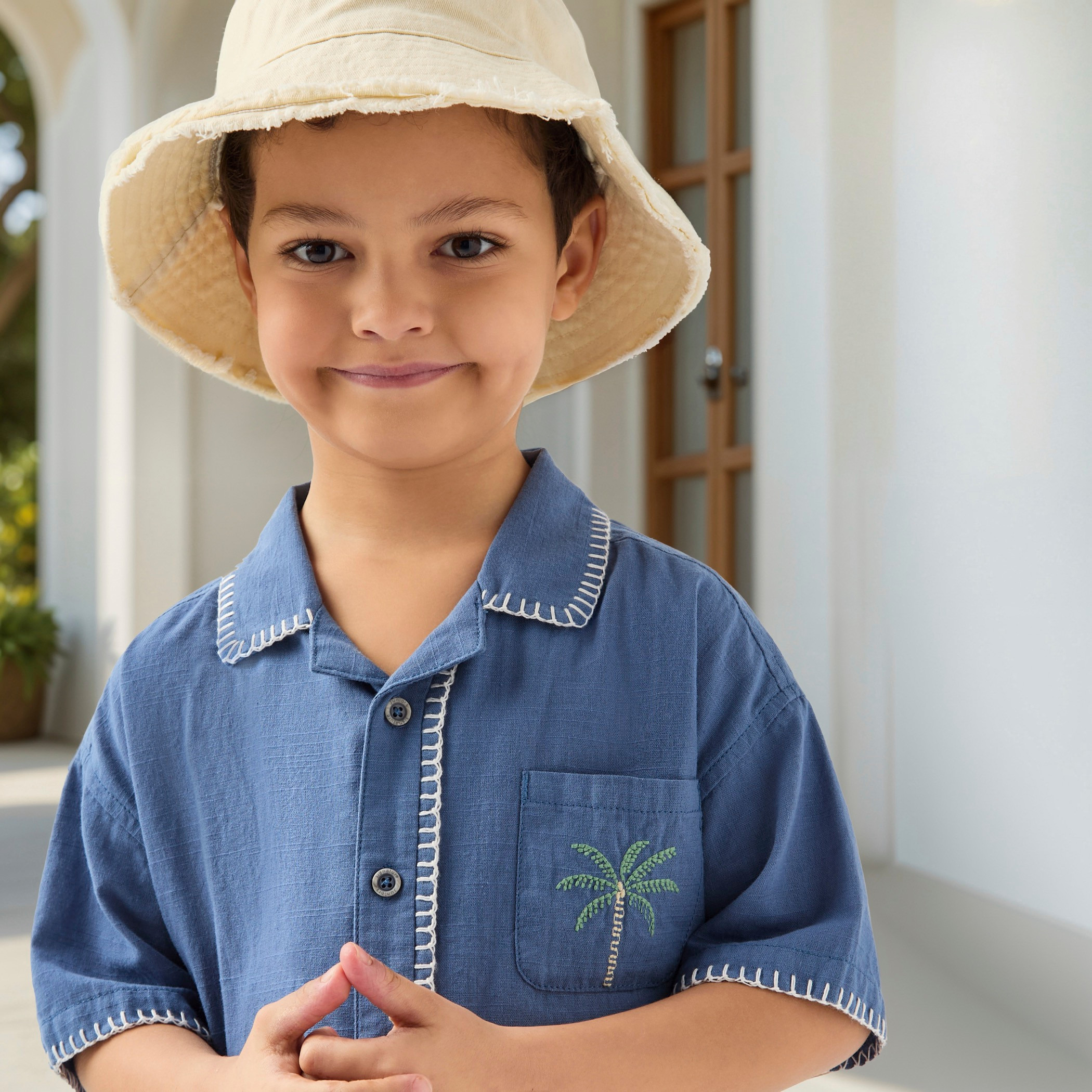 Juniors Embroidered Shirt with Camp Collar with Short Sleeves-baby-boys-clothing-shirts-image-2