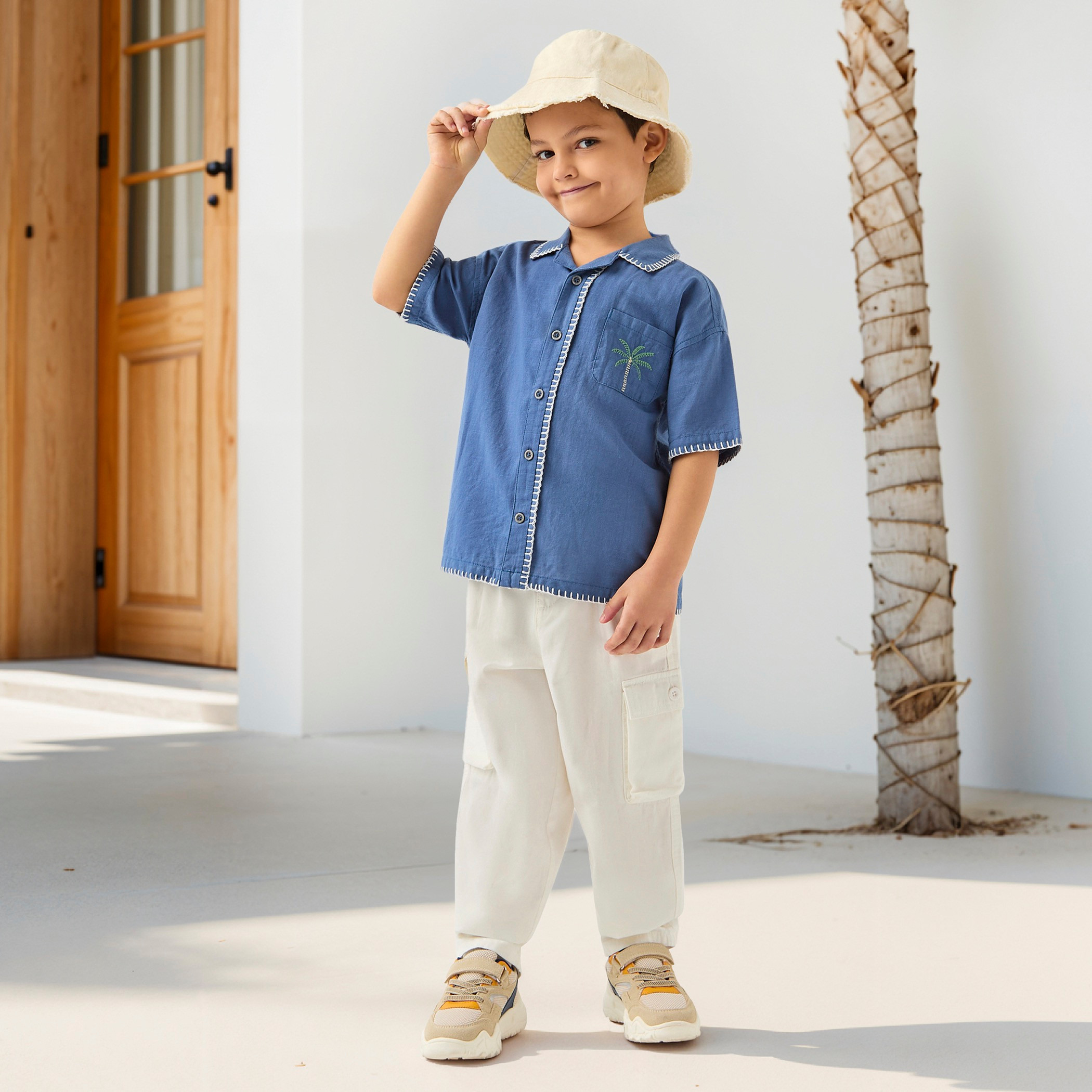 Juniors Embroidered Shirt with Camp Collar with Short Sleeves-baby-boys-clothing-shirts-image-3