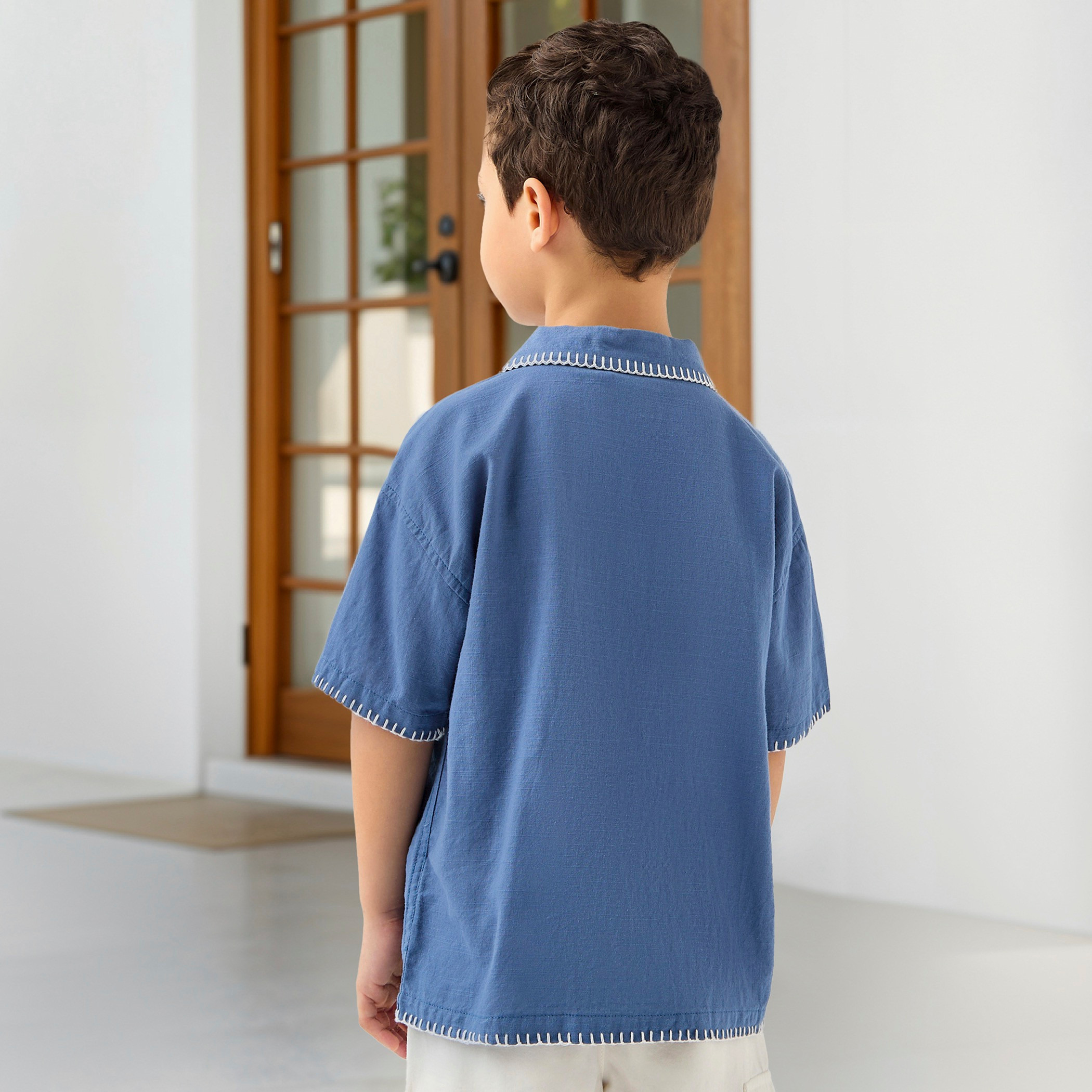 Juniors Embroidered Shirt with Camp Collar with Short Sleeves-baby-boys-clothing-shirts-image-4