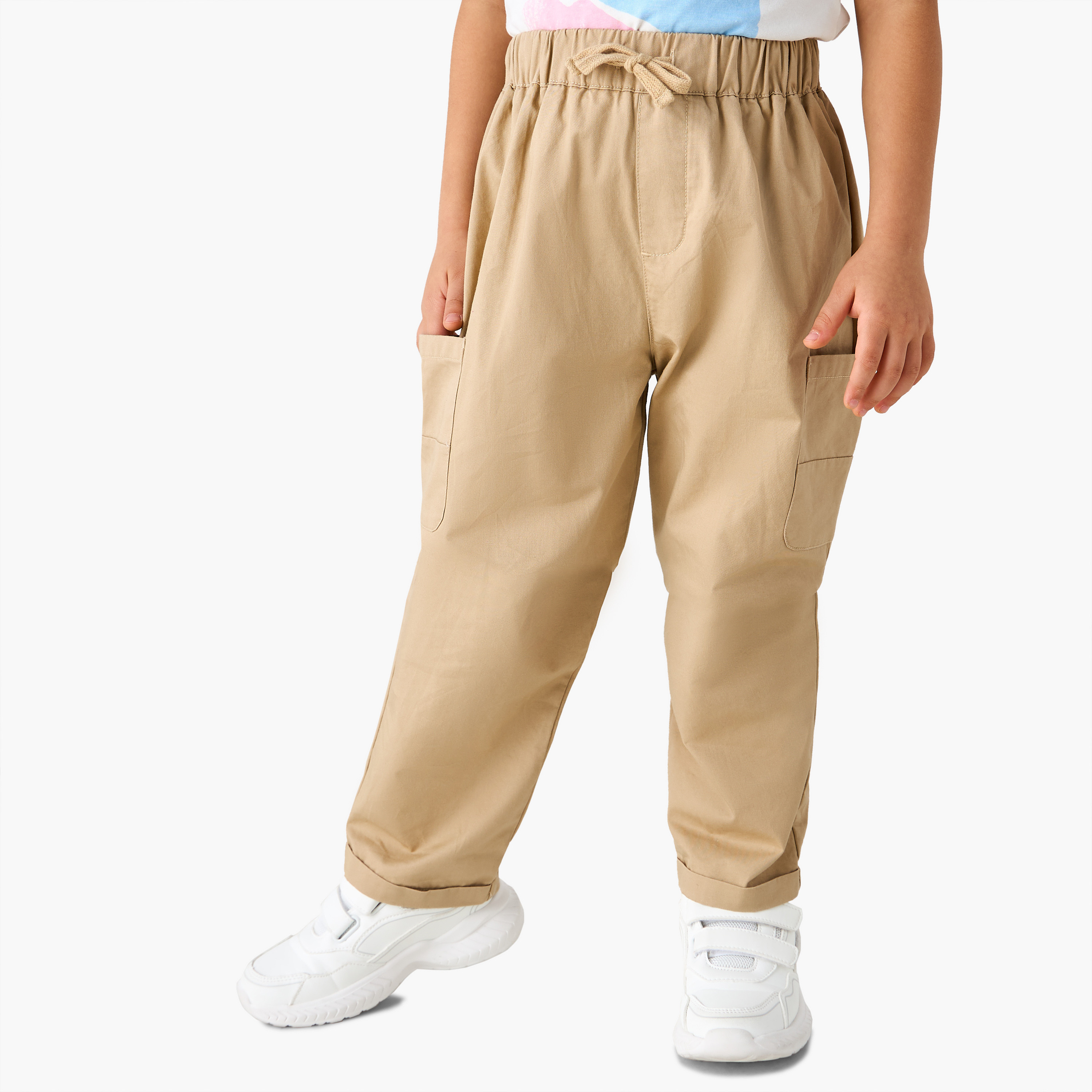 Juniors Solid Cargo Pants with Elasticated Drawstring-boys-clothing-bottoms-trousers-image-1