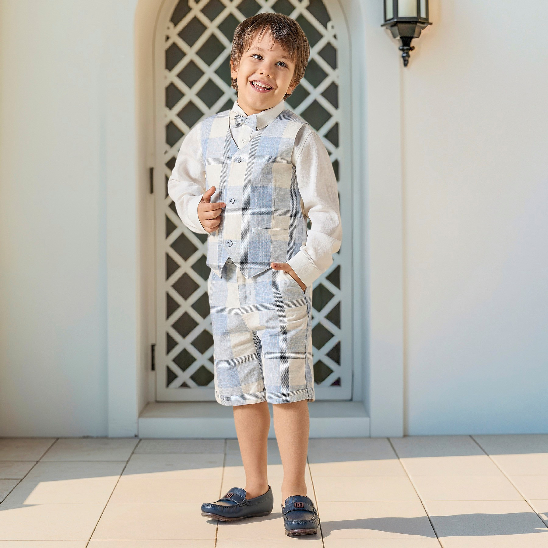Juniors Solid Shirt with Checked Waistcoat, Bow and Shorts-baby-boys-clothing-setsandcoords-image-1