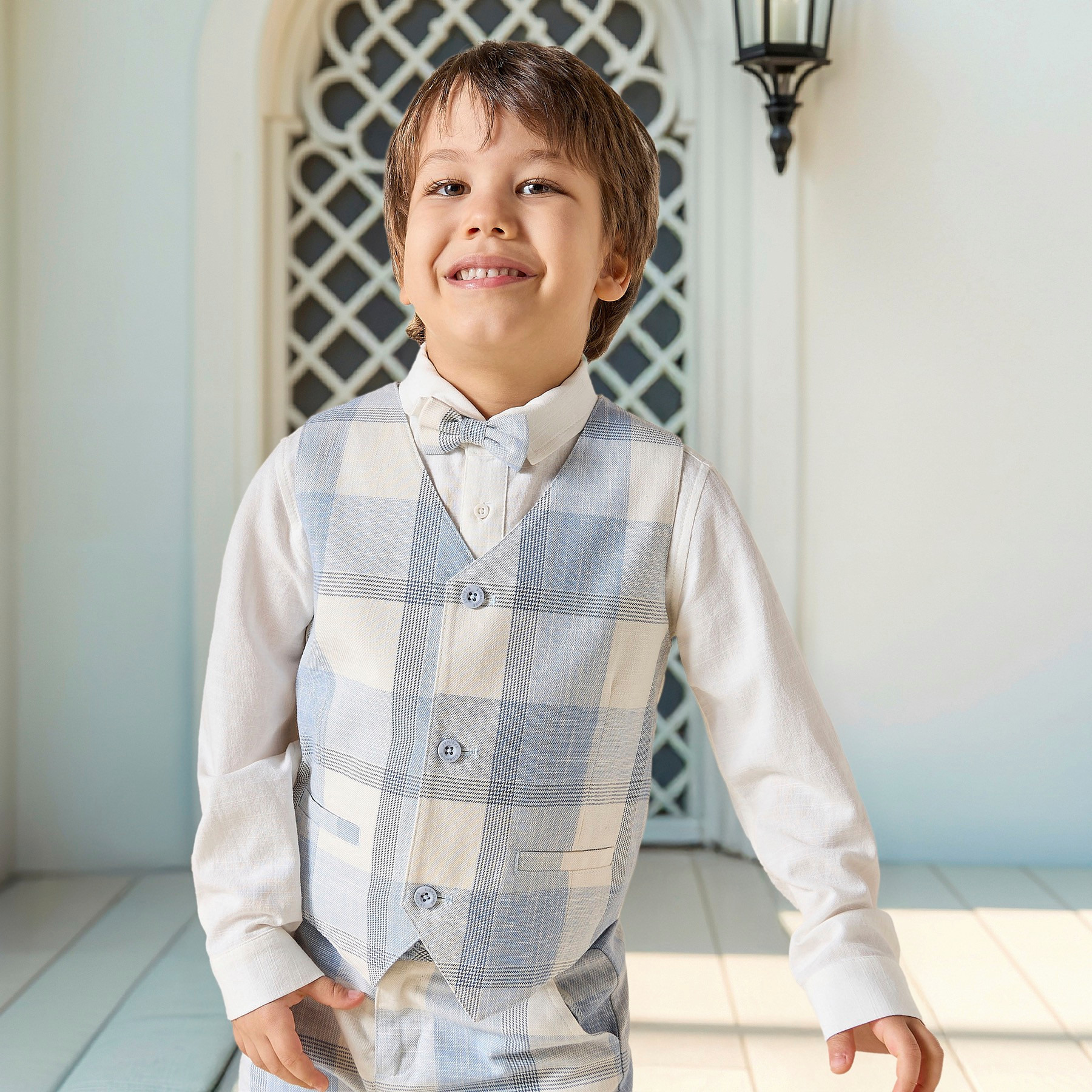 Juniors Solid Shirt with Checked Waistcoat, Bow and Shorts-baby-boys-clothing-setsandcoords-image-2