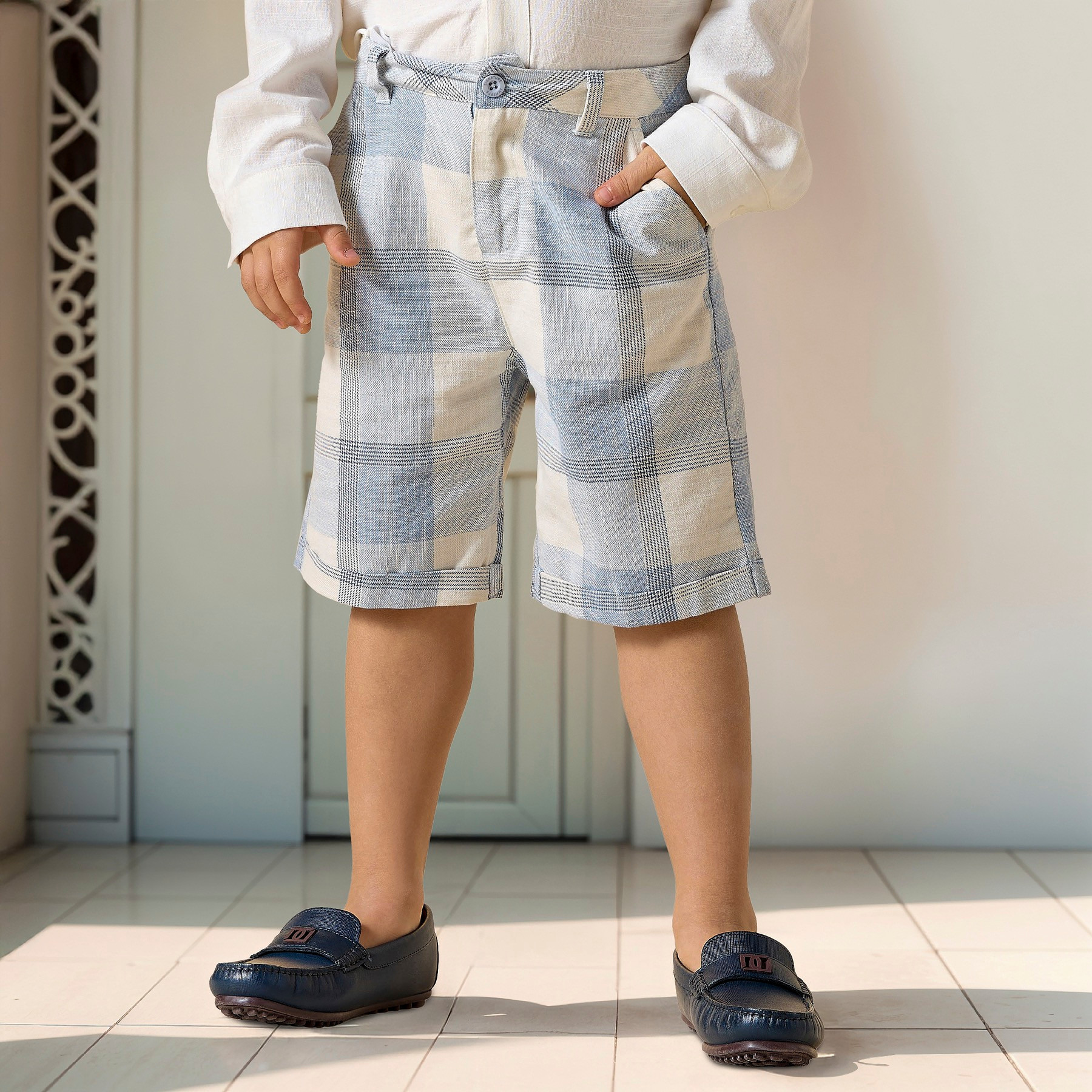 Juniors Solid Shirt with Checked Waistcoat, Bow and Shorts-baby-boys-clothing-setsandcoords-image-3