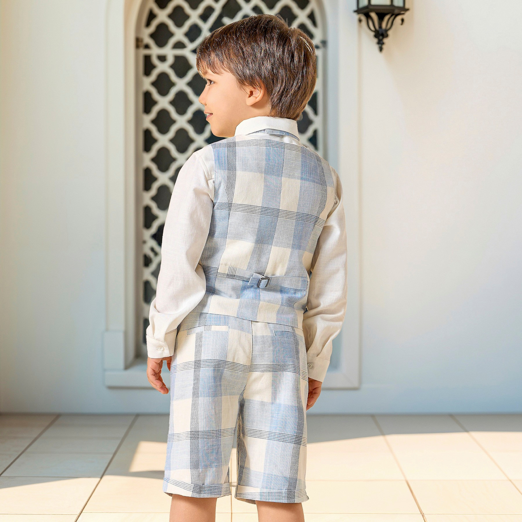 Juniors Solid Shirt with Checked Waistcoat, Bow and Shorts-baby-boys-clothing-setsandcoords-image-4