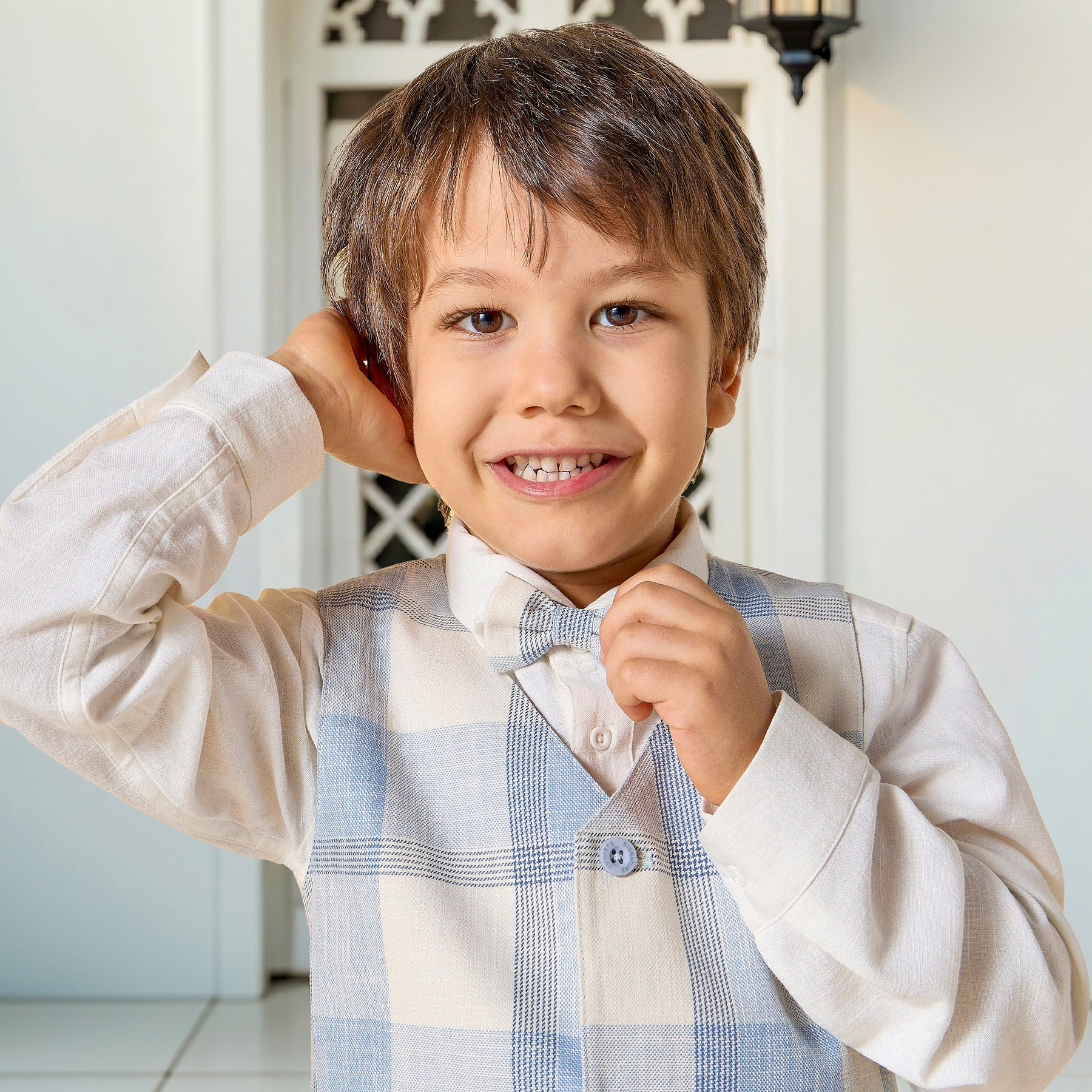 Juniors Solid Shirt with Checked Waistcoat, Bow and Shorts-baby-boys-clothing-setsandcoords-image-5