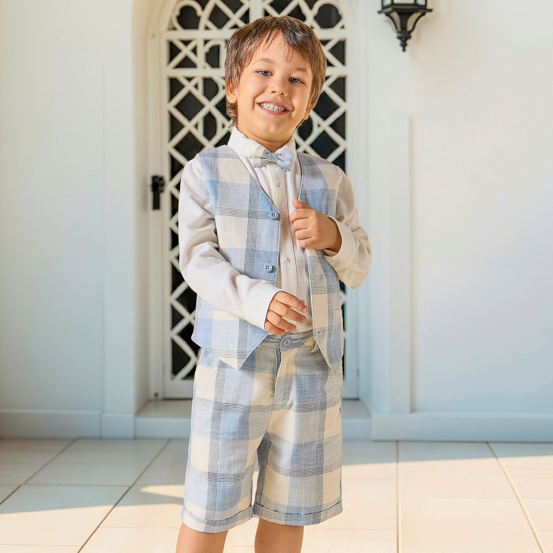 Juniors Solid Shirt with Checked Waistcoat, Bow and Shorts-baby-boys-clothing-setsandcoords-image-7