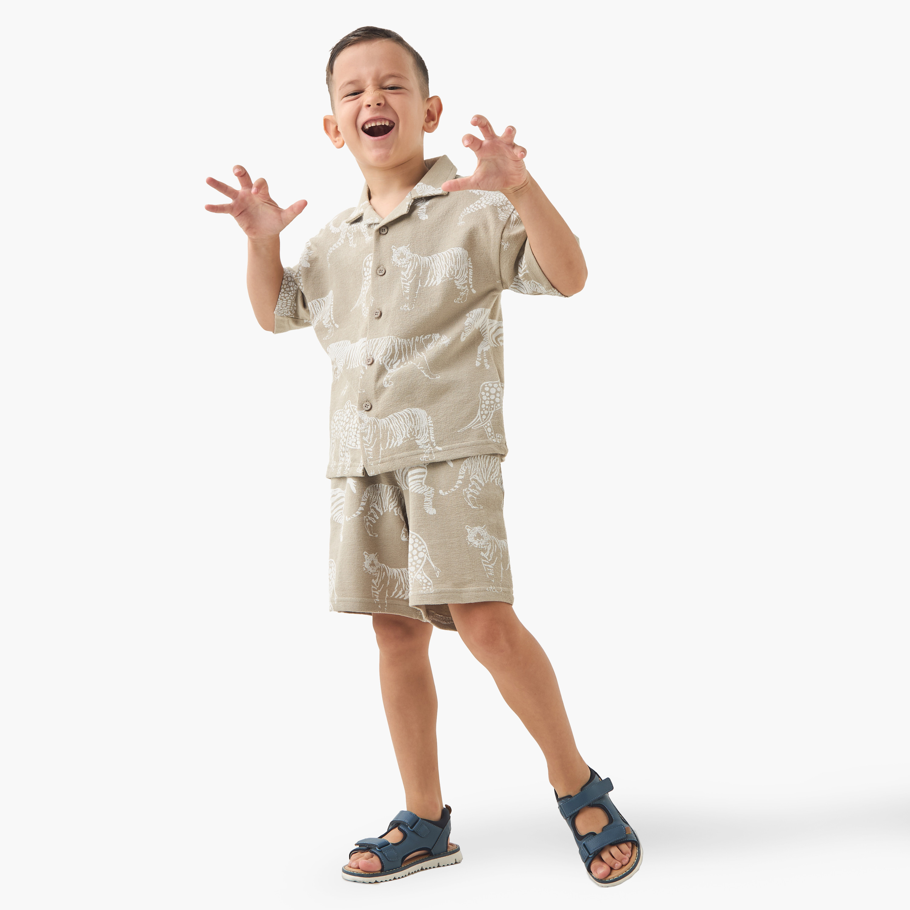 Juniors Boys Shirt and Shorts Set with Tiger Print - Cotton - Short Sleeves - Camp Collar-boys-clothing-setsandcoords-image-1