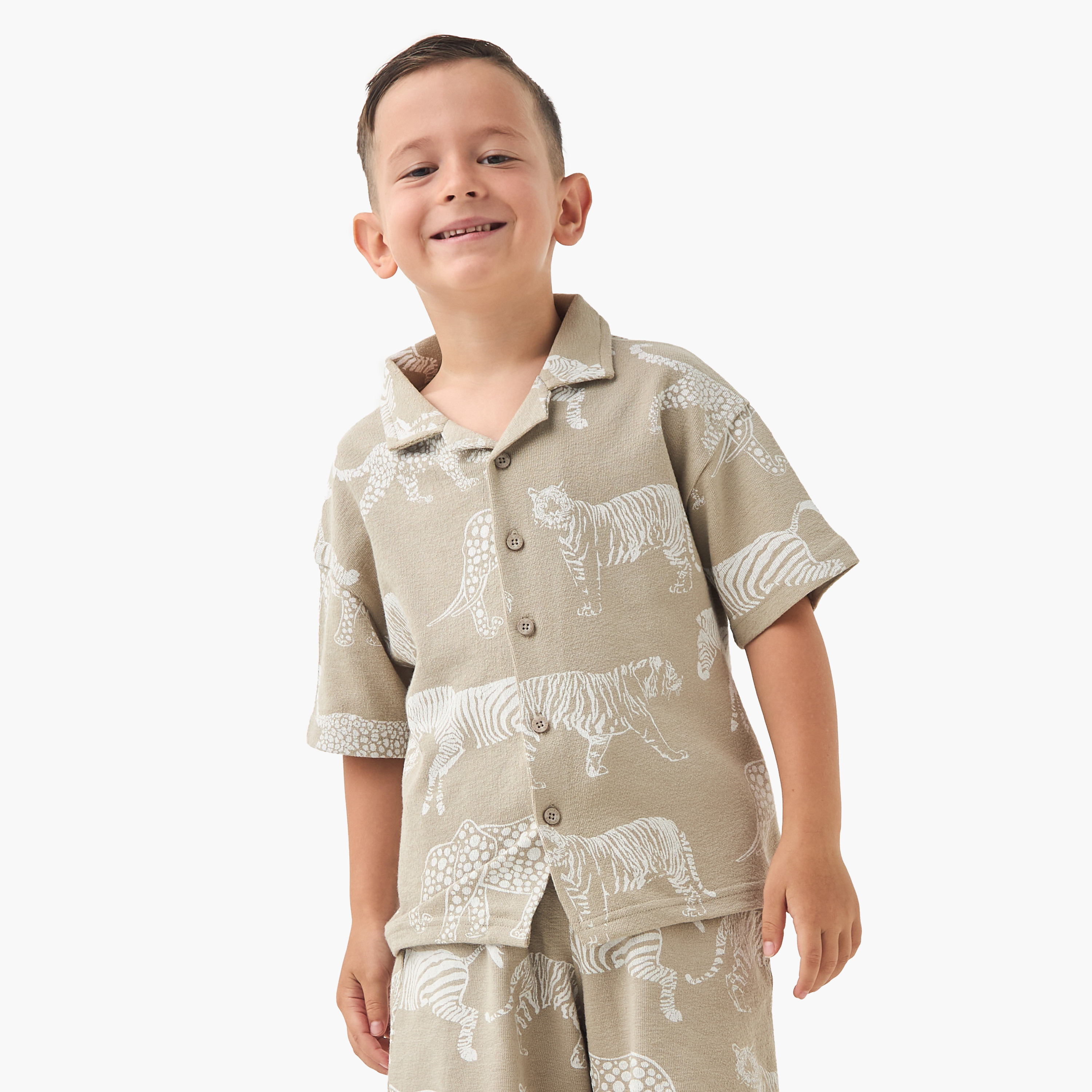 Juniors Boys Shirt and Shorts Set with Tiger Print - Cotton - Short Sleeves - Camp Collar-boys-clothing-setsandcoords-image-2