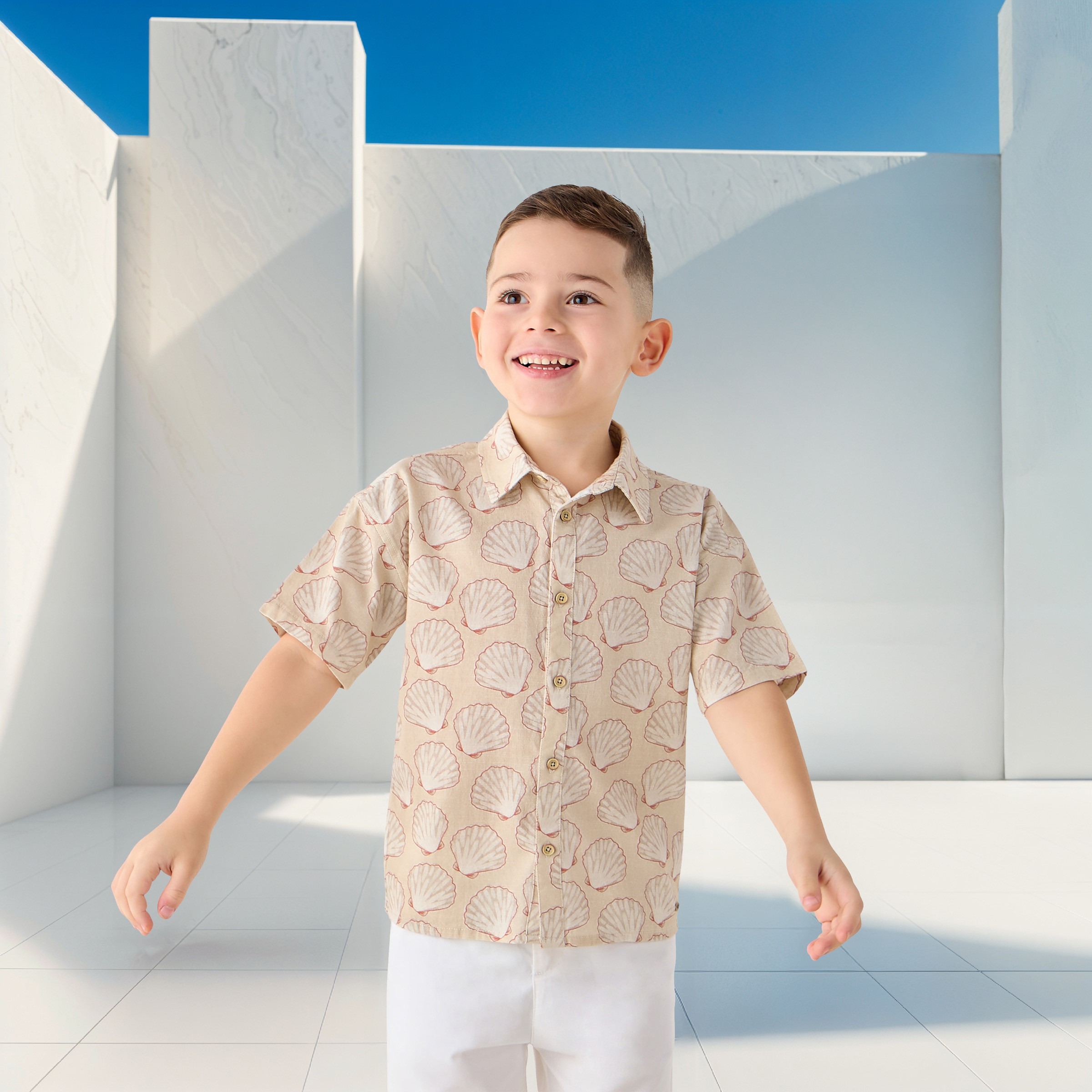 Eligo All-Over Seashell Print Short Sleeve Shirt with Button Closure-boys-clothing-shirts-image-1