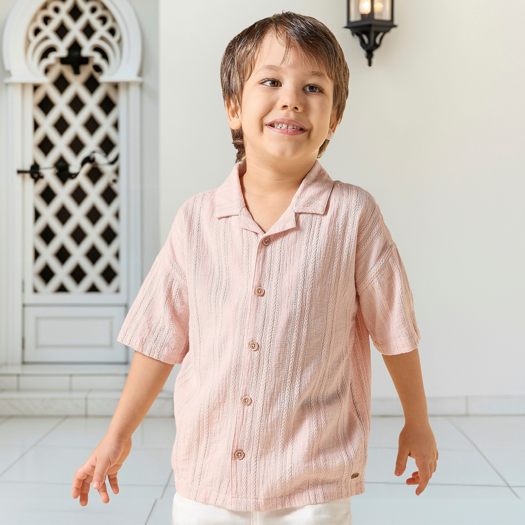 Eligo Textured Camp Collar Shirt with Short Sleeves-boys-clothing-shirts-image-1