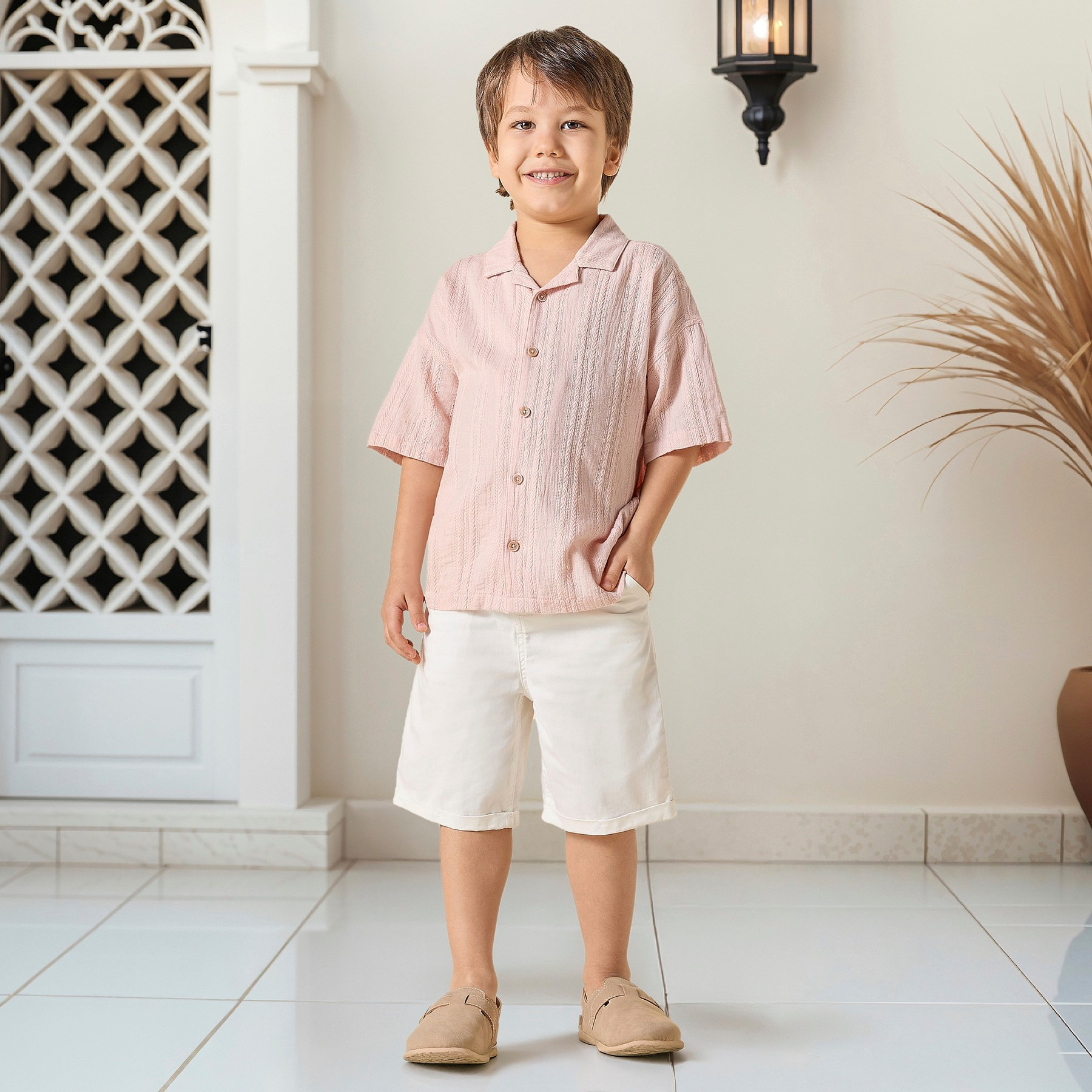 Eligo Textured Camp Collar Shirt with Short Sleeves-boys-clothing-shirts-image-2