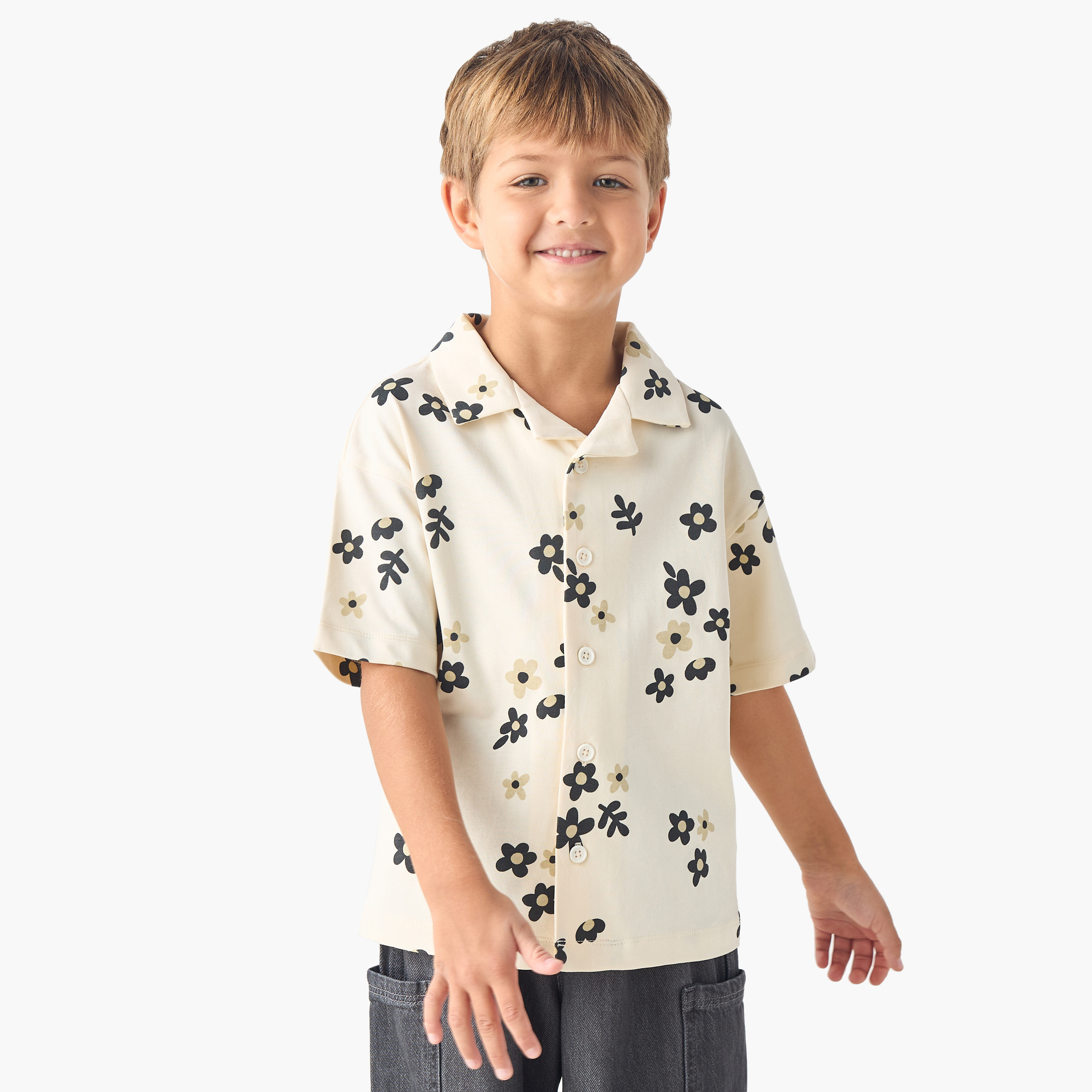 Eligo All-Over Floral Print Camp Collar Shirt with Short Sleeves-boys-clothing-shirts-image-1