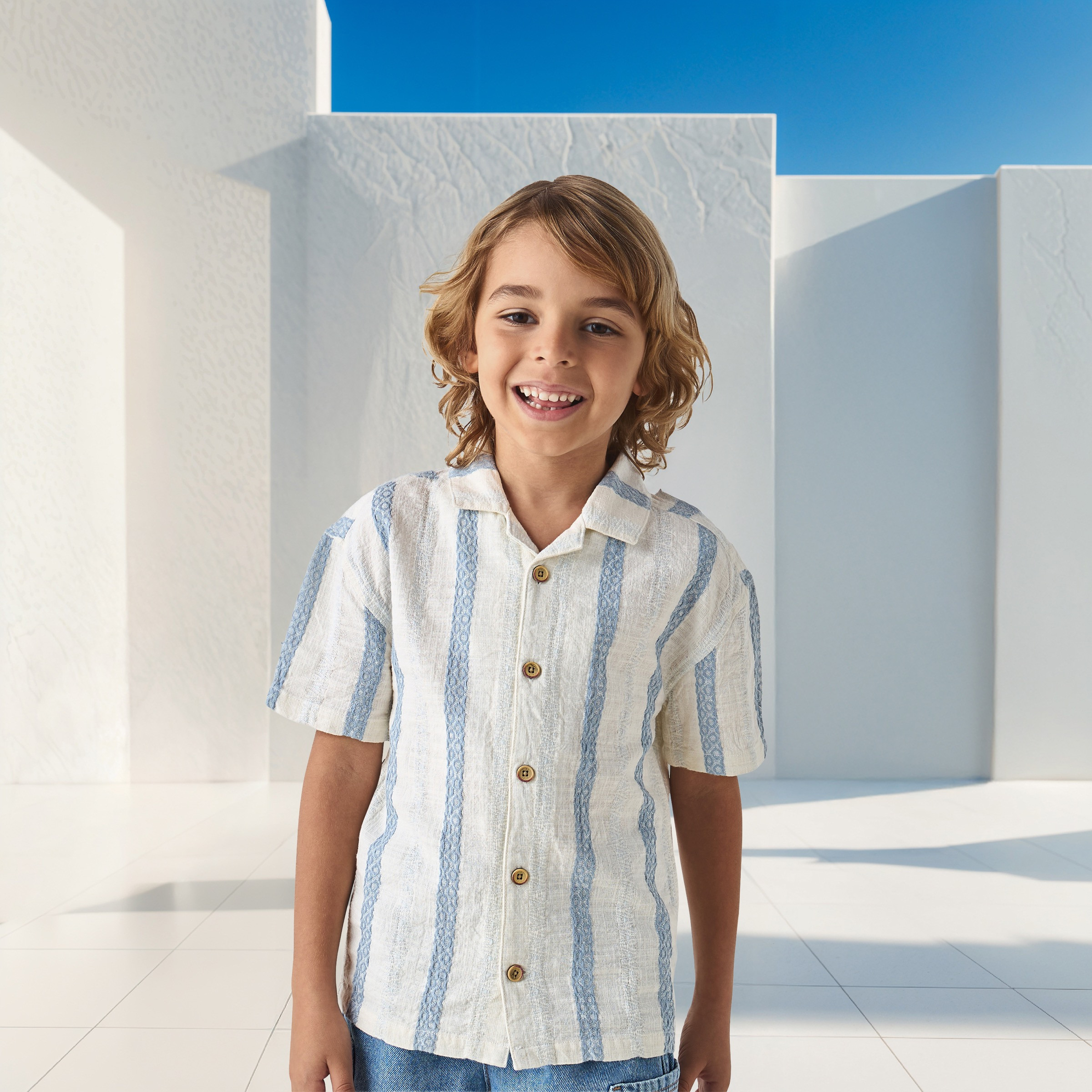 Eligo Striped Shirt with Camp Collar and Short Sleeves-boys-clothing-shirts-image-1