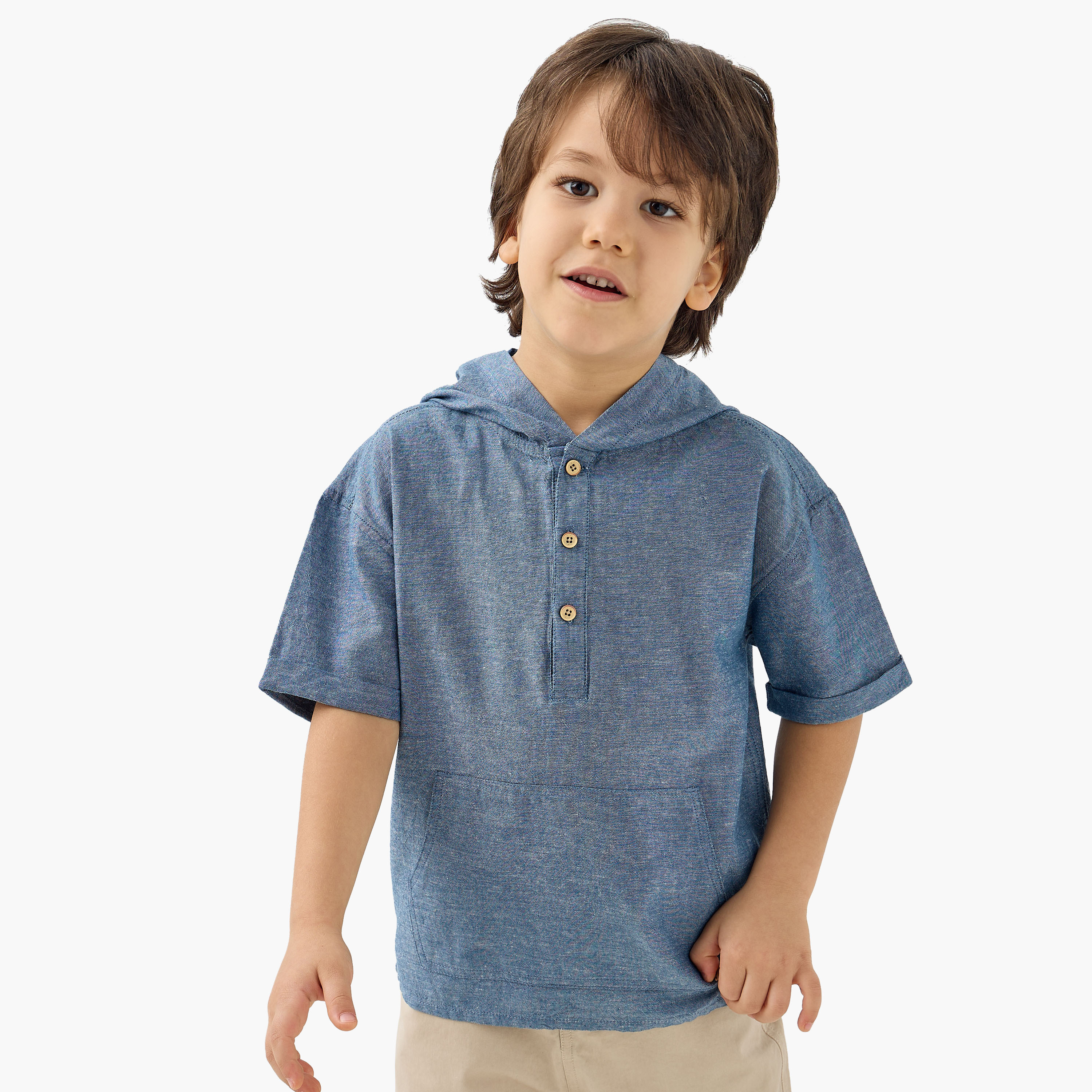 Eligo Solid Hooded Shirt with Short Sleeves and Kangaroo Pocket-boys-clothing-shirts-image-1