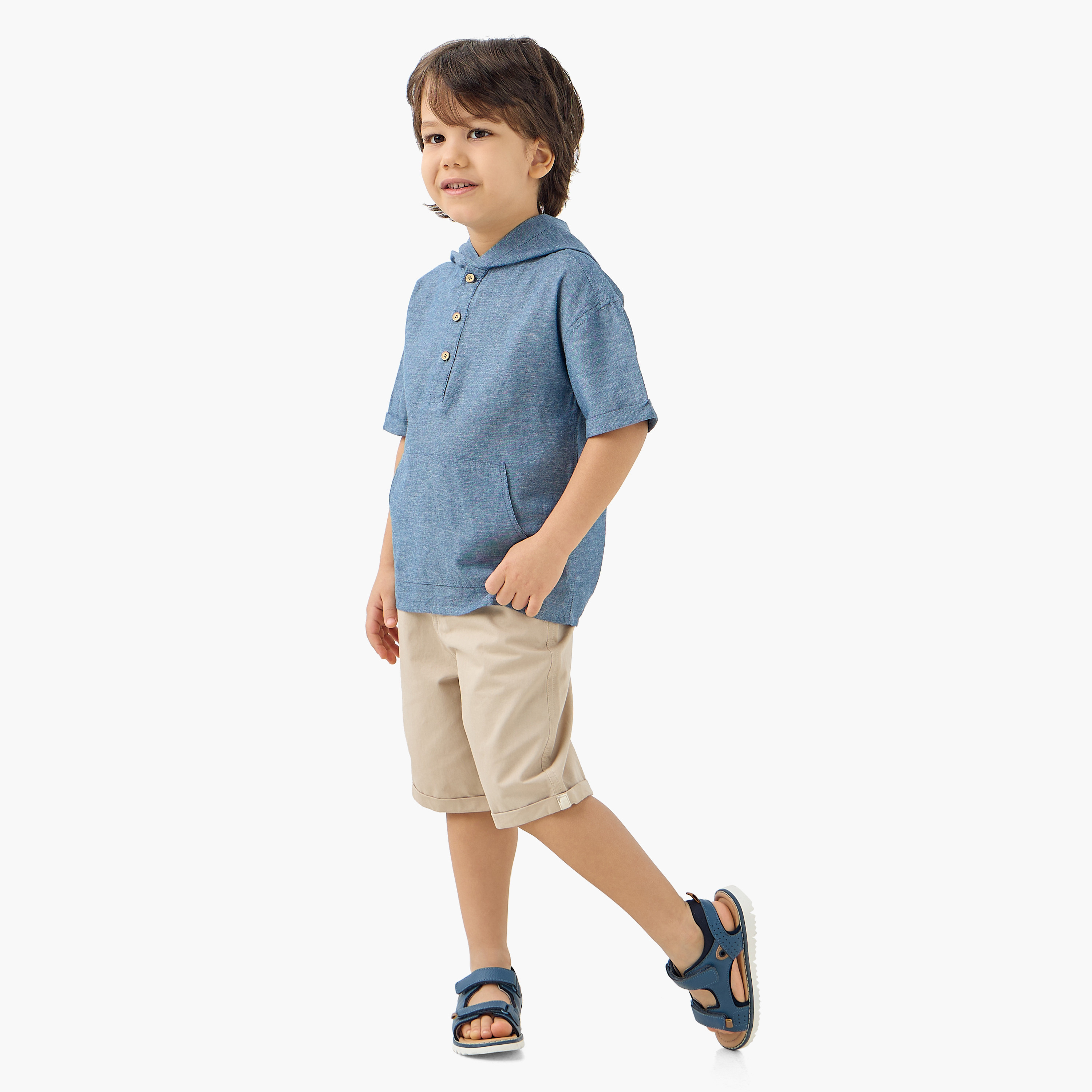 Eligo Solid Hooded Shirt with Short Sleeves and Kangaroo Pocket-boys-clothing-shirts-image-2