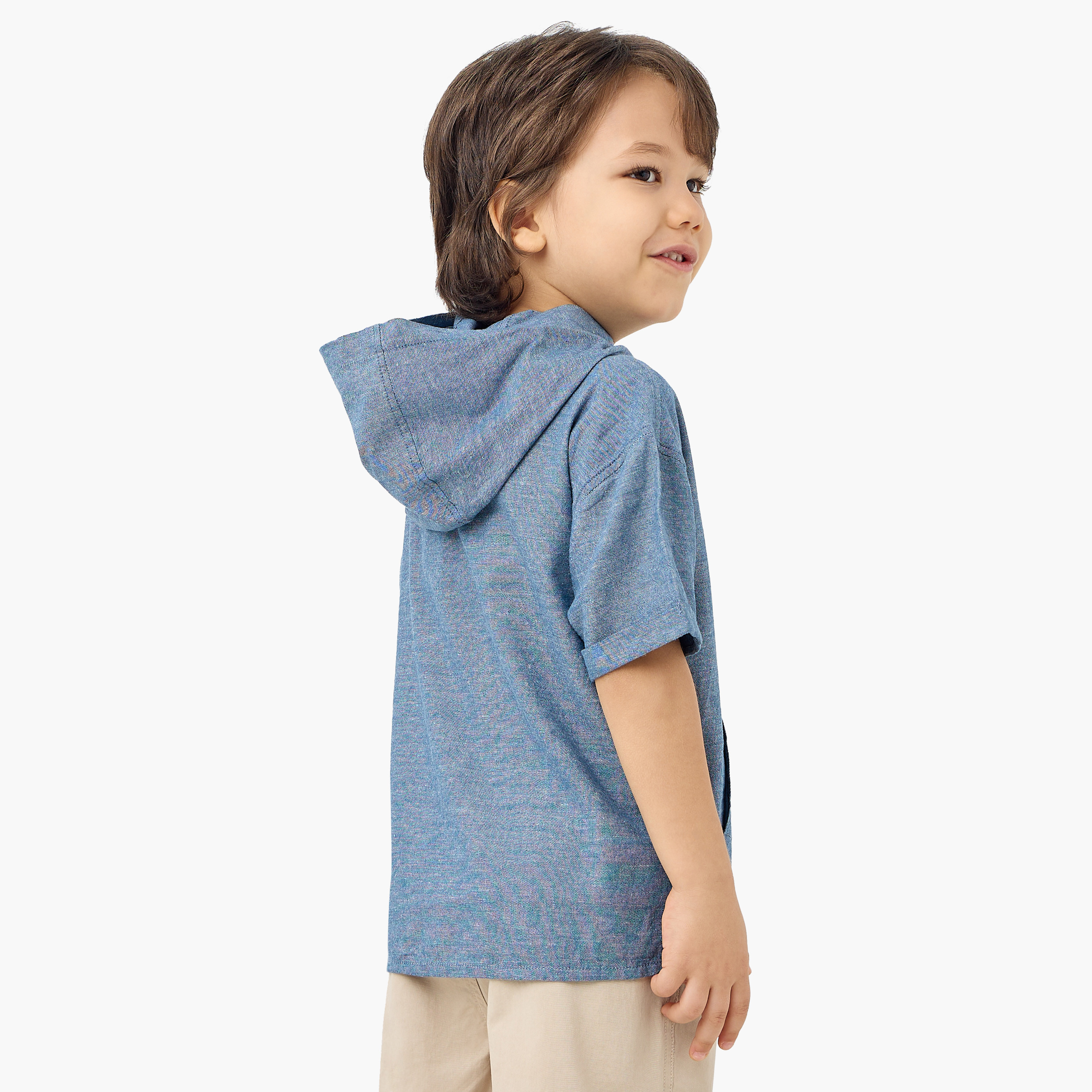 Eligo Solid Hooded Shirt with Short Sleeves and Kangaroo Pocket-boys-clothing-shirts-image-3