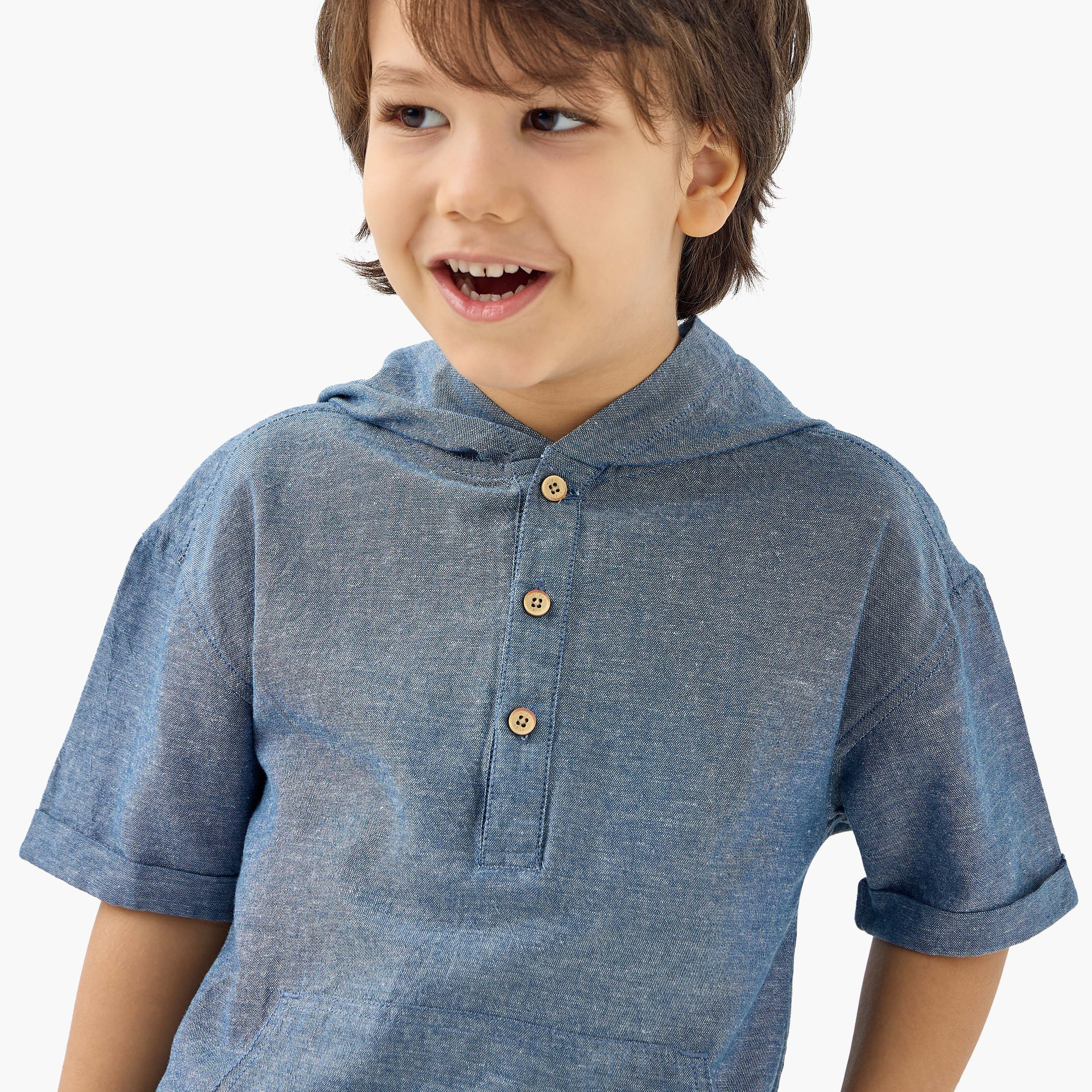 Eligo Solid Hooded Shirt with Short Sleeves and Kangaroo Pocket-boys-clothing-shirts-image-4
